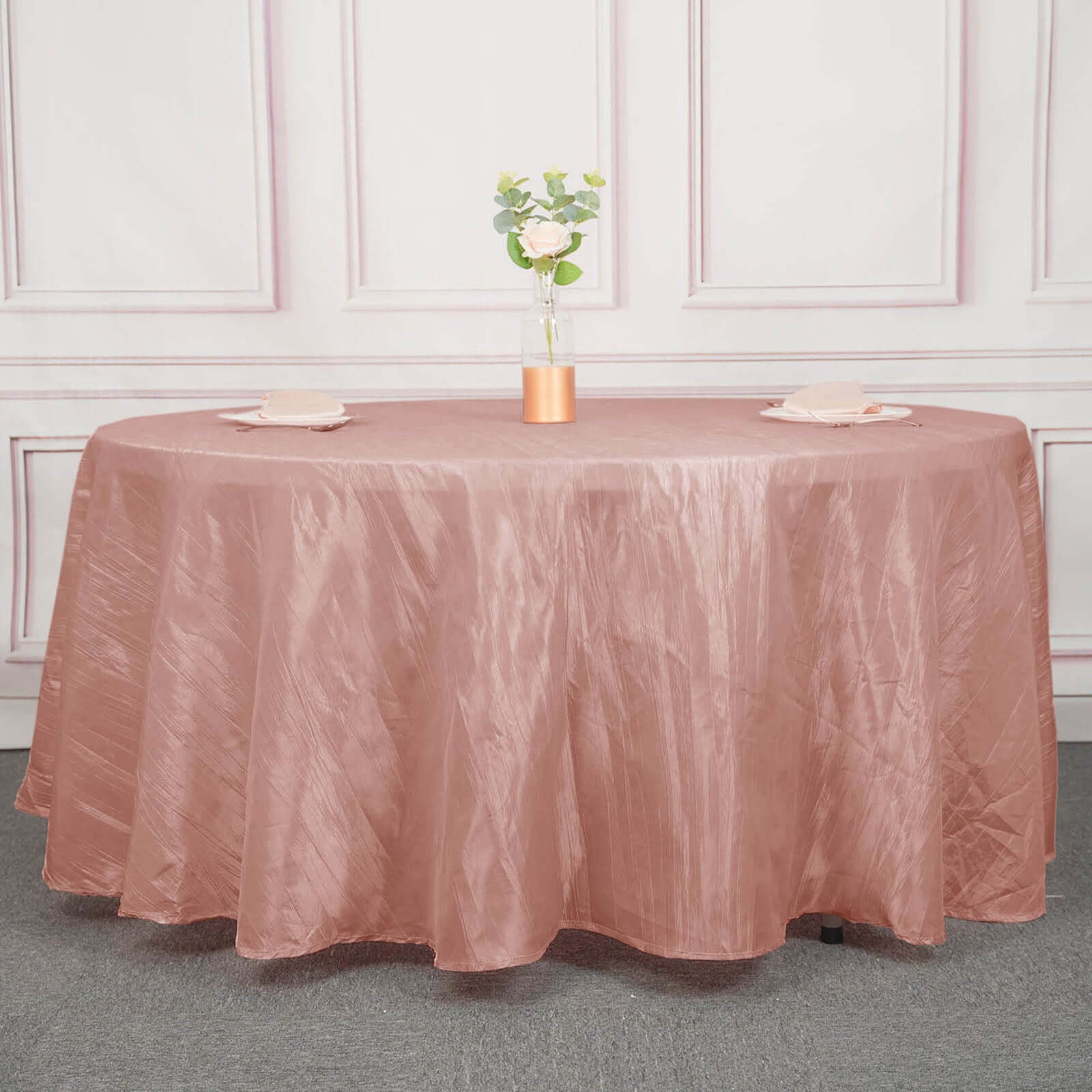120-Inch Seamless Accordion Crinkle Dusty Rose Taffeta Round Tablecloth