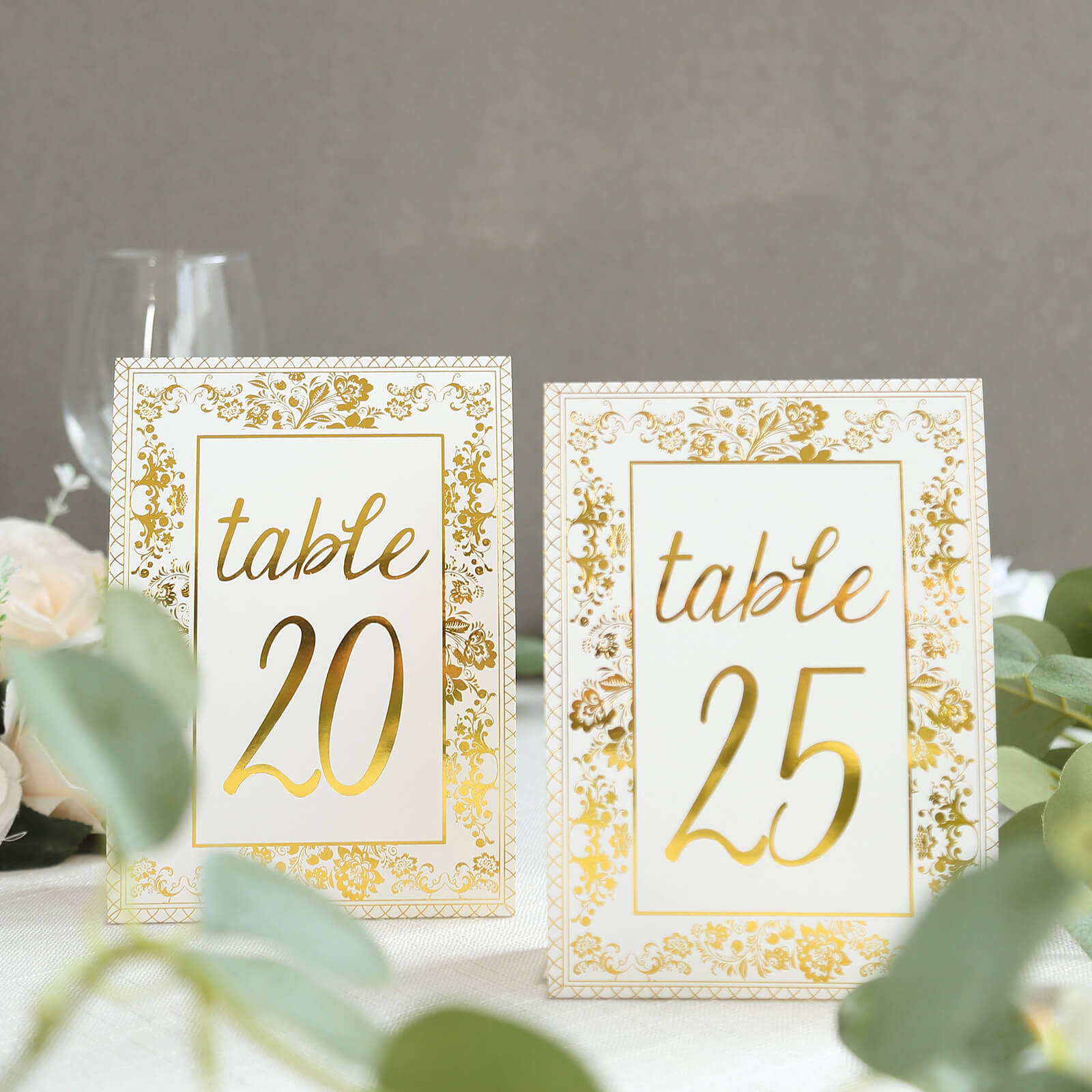 25-Piece Set of Double-Sided Free-Standing Wedding Table Numbers 1-25 in White & Metallic Gold French Toile Style