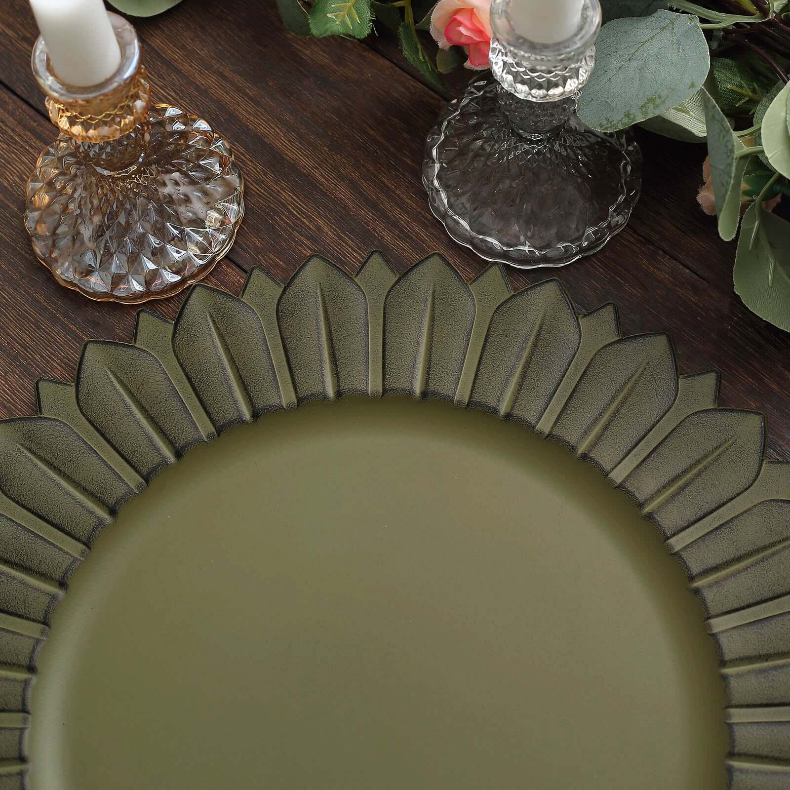 6-Piece Set of 13-Inch Matte Olive Green Plastic Round Charger Plates with Sunflower Rim