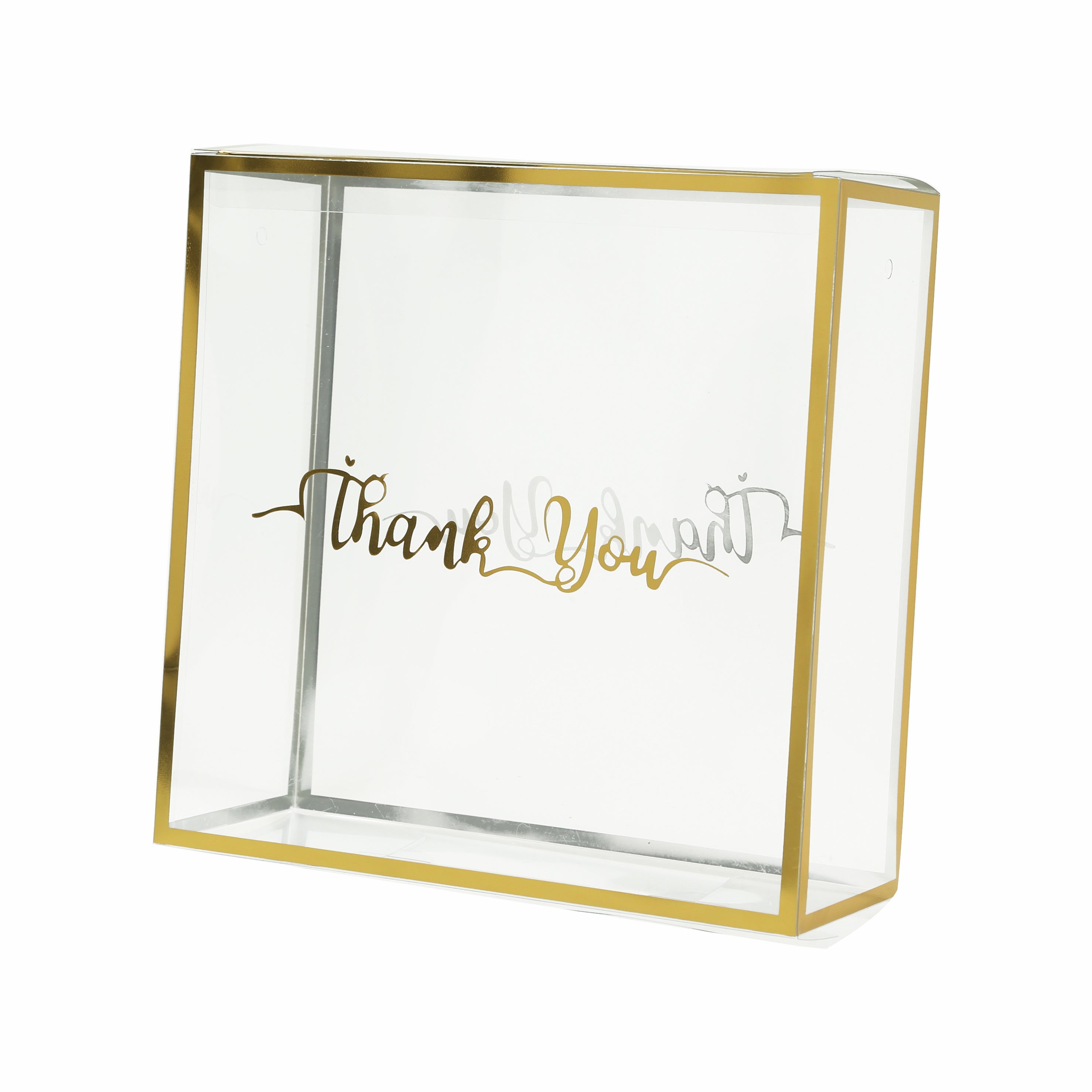 25-Pack Square Clear PVC Gift Boxes with Gold Trim, Rope Handles and 'Thank You' Print, 8x8 Size