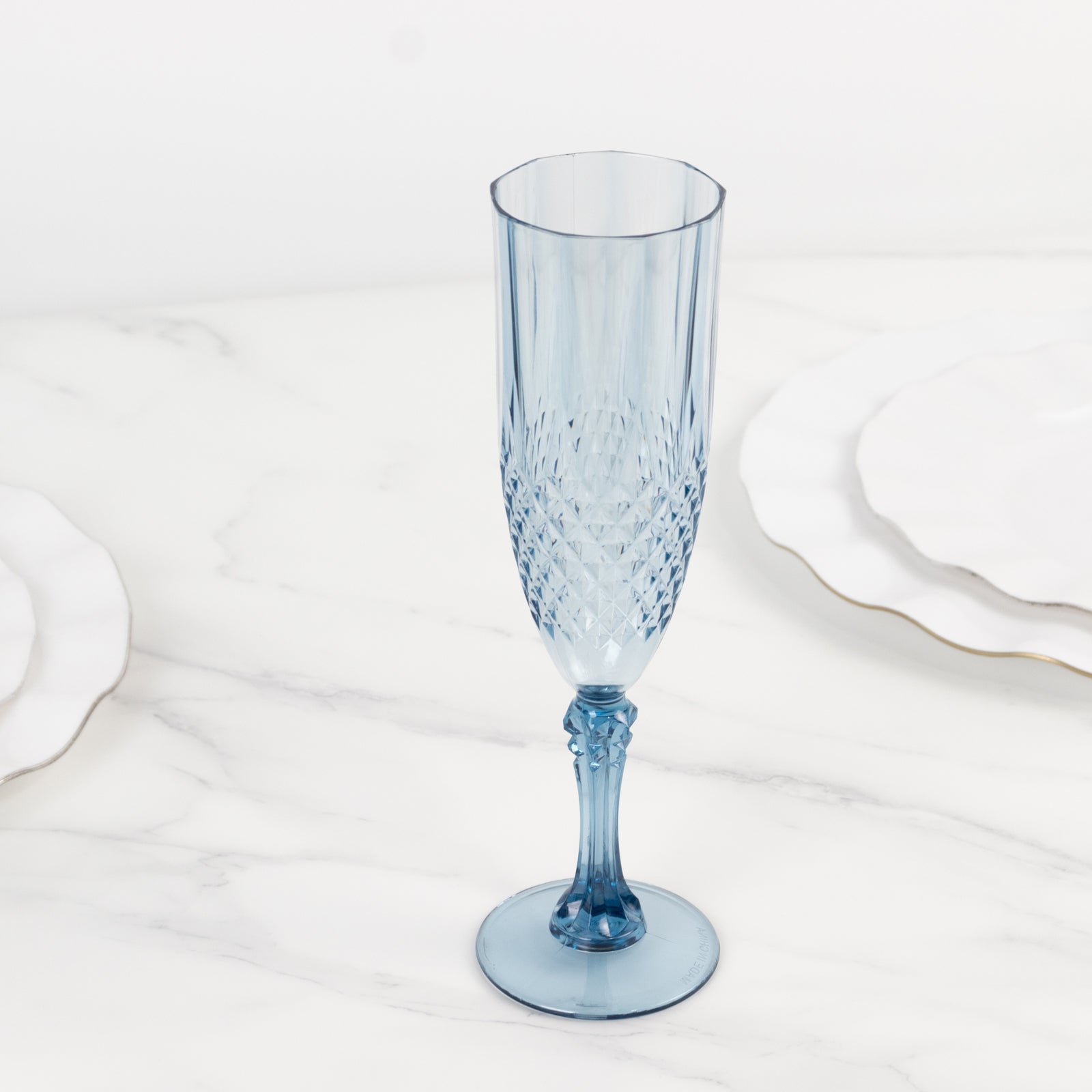 8oz Reusable Dusty Blue Plastic Wedding Toast Flutes with Crystal Cut Style - 6 Pack
