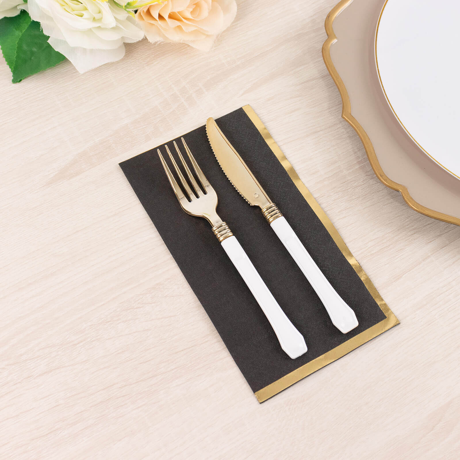 Hot! 50-Pack 2-Ply Black Paper Dinner Napkins with Gold Foil Edge - Ideal for Parties