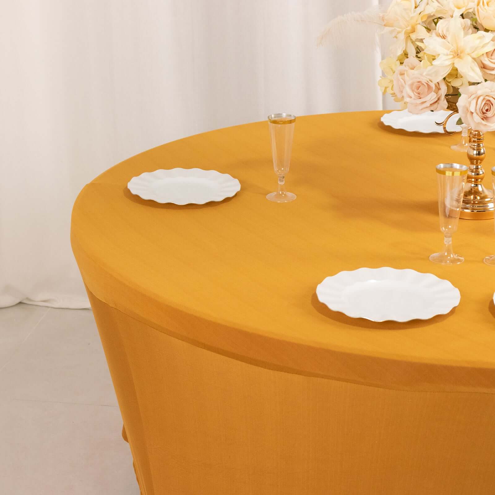 Durable Gold Stretch Spandex 6ft Round Tablecloth - Ideal for Events & Presentations