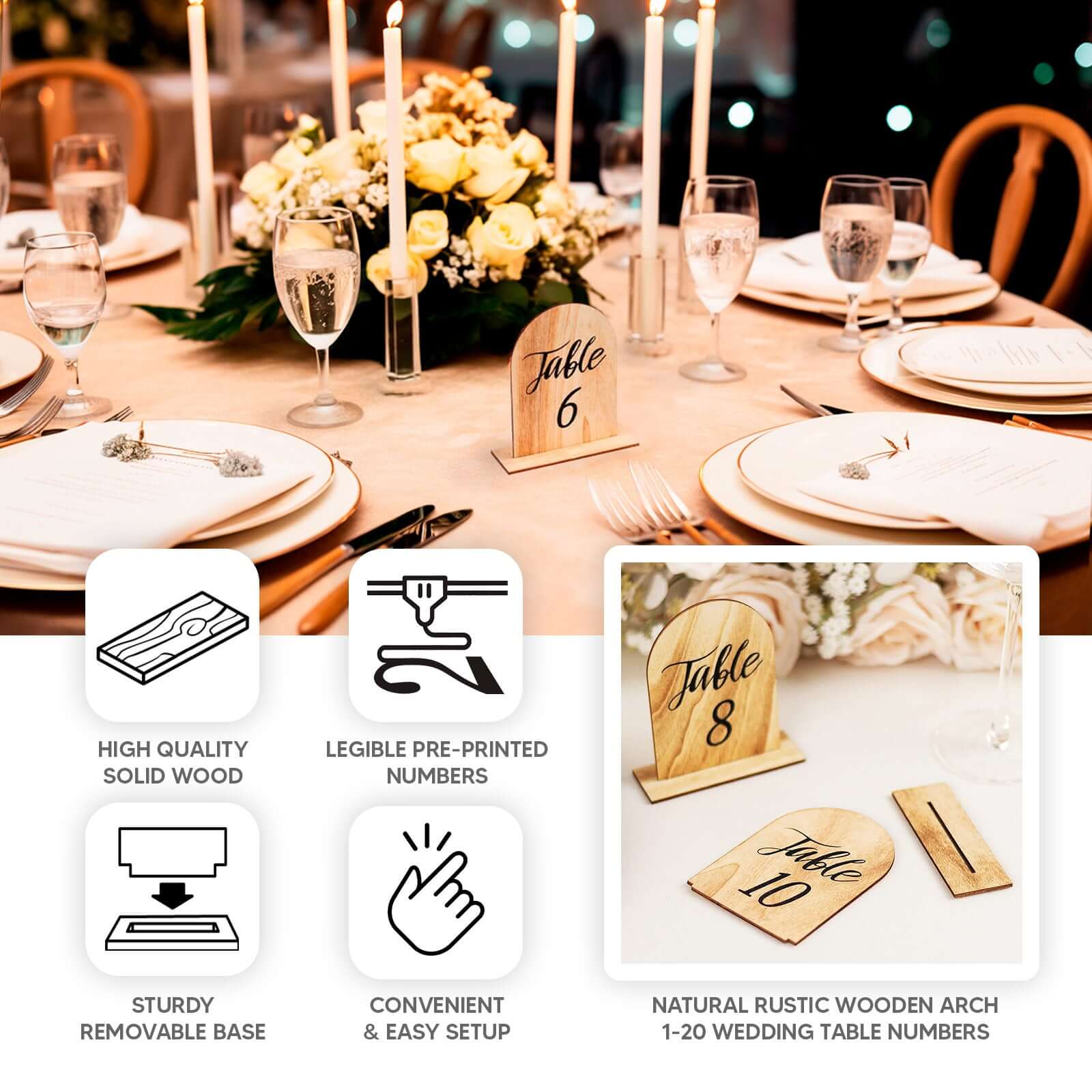 20-Piece Set of 4.5-Inch Natural Rustic Wooden Arch Table Numbers 1 - 20 for Weddings and Events