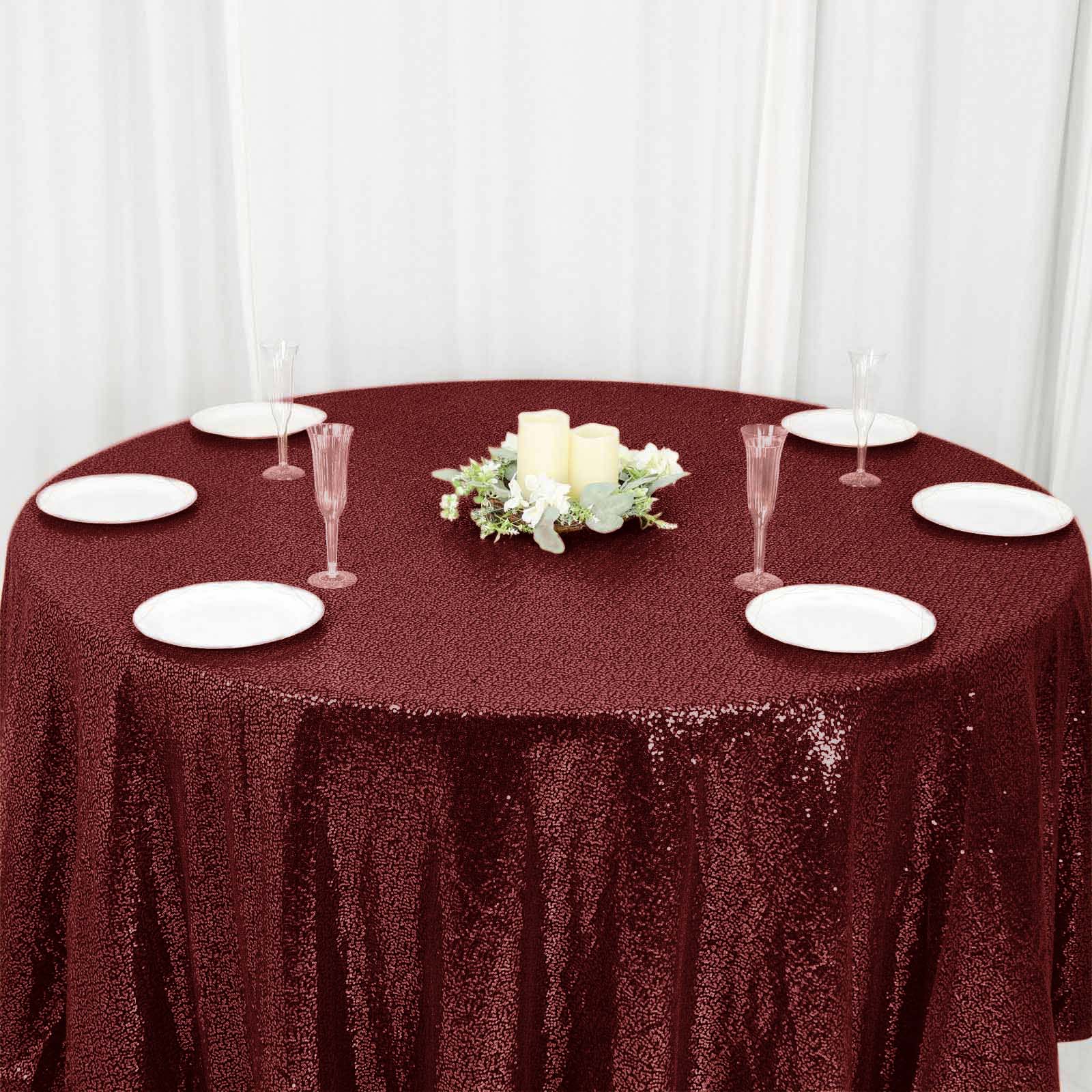 Hot Deal! Burgundy Seamless Glittering Sequin 120-Inch Round Tablecloth for Events