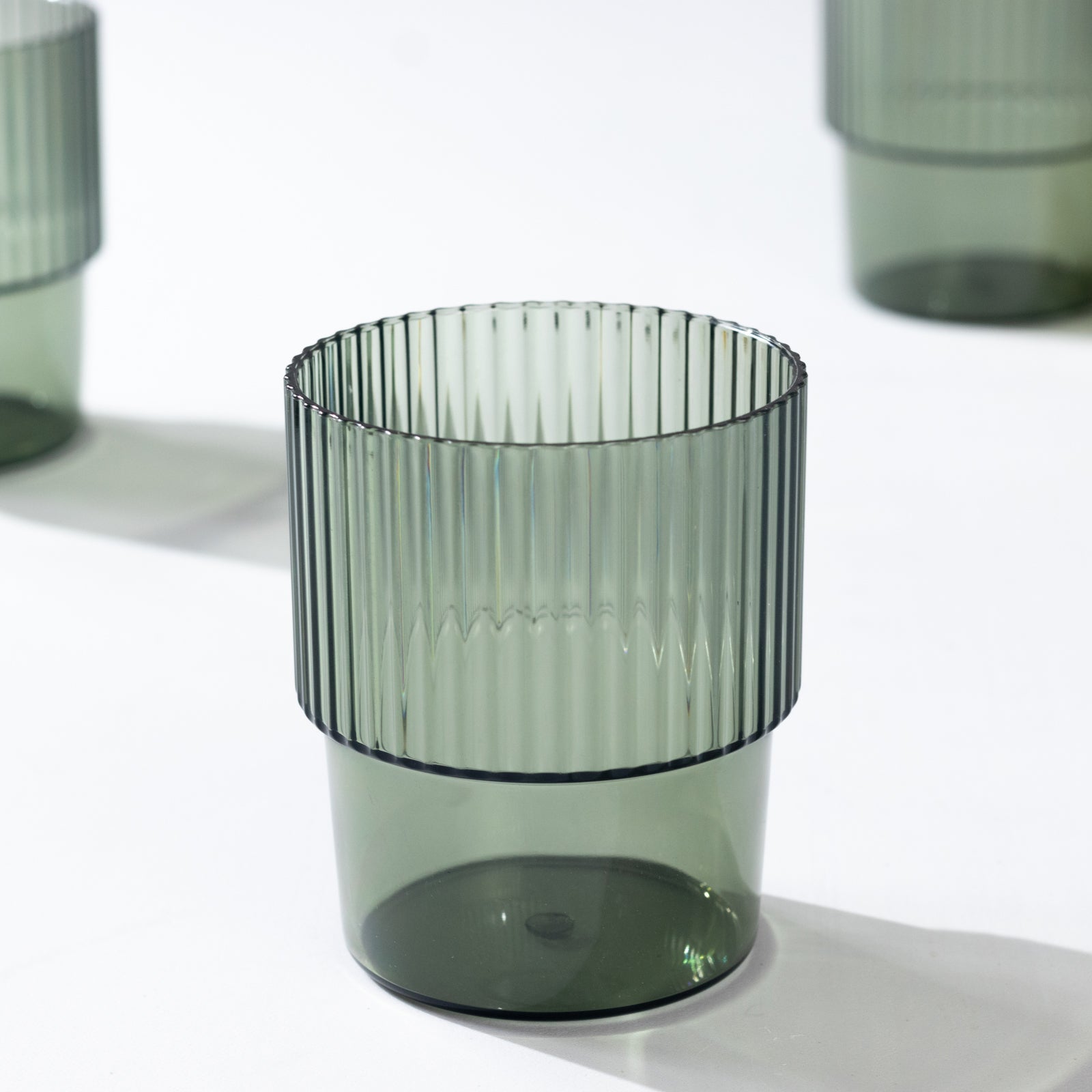 12-Pack Stackable 7oz Reusable Plastic Short Drinking Glasses in Hunter Emerald Green with Ribbed Pattern - Great Value!