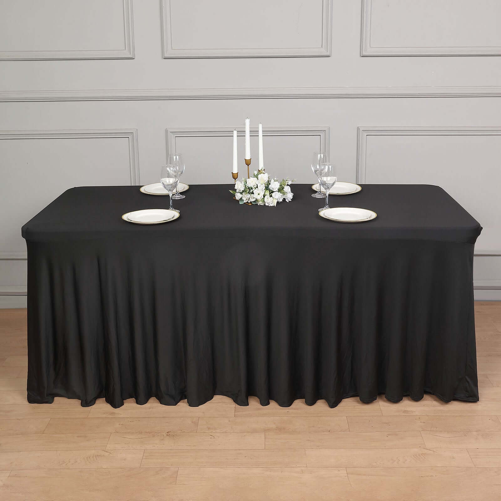 Hot! Black Spandex 72x30 Rectangle Table Skirt with Wavy Effect