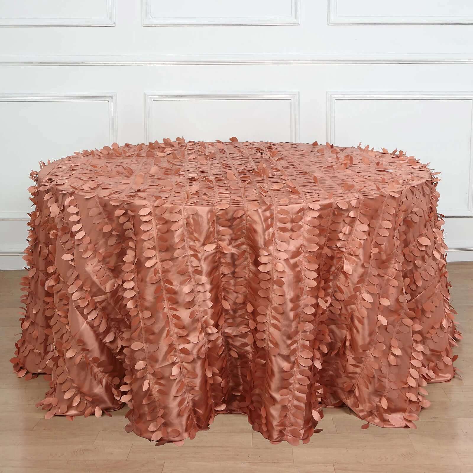 Exclusive 132' Round Taffeta Tablecloth in Terracotta (Rust) with 3D Leaf Petal Design