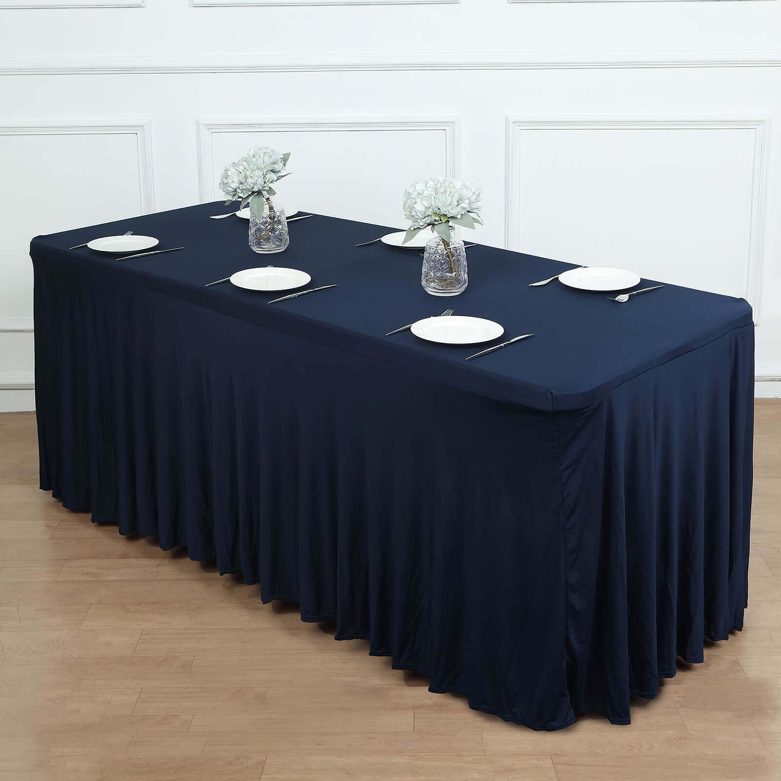 Hot Deal! Navy Blue Spandex Table Skirt with Wavy Effect for 6ft Tables