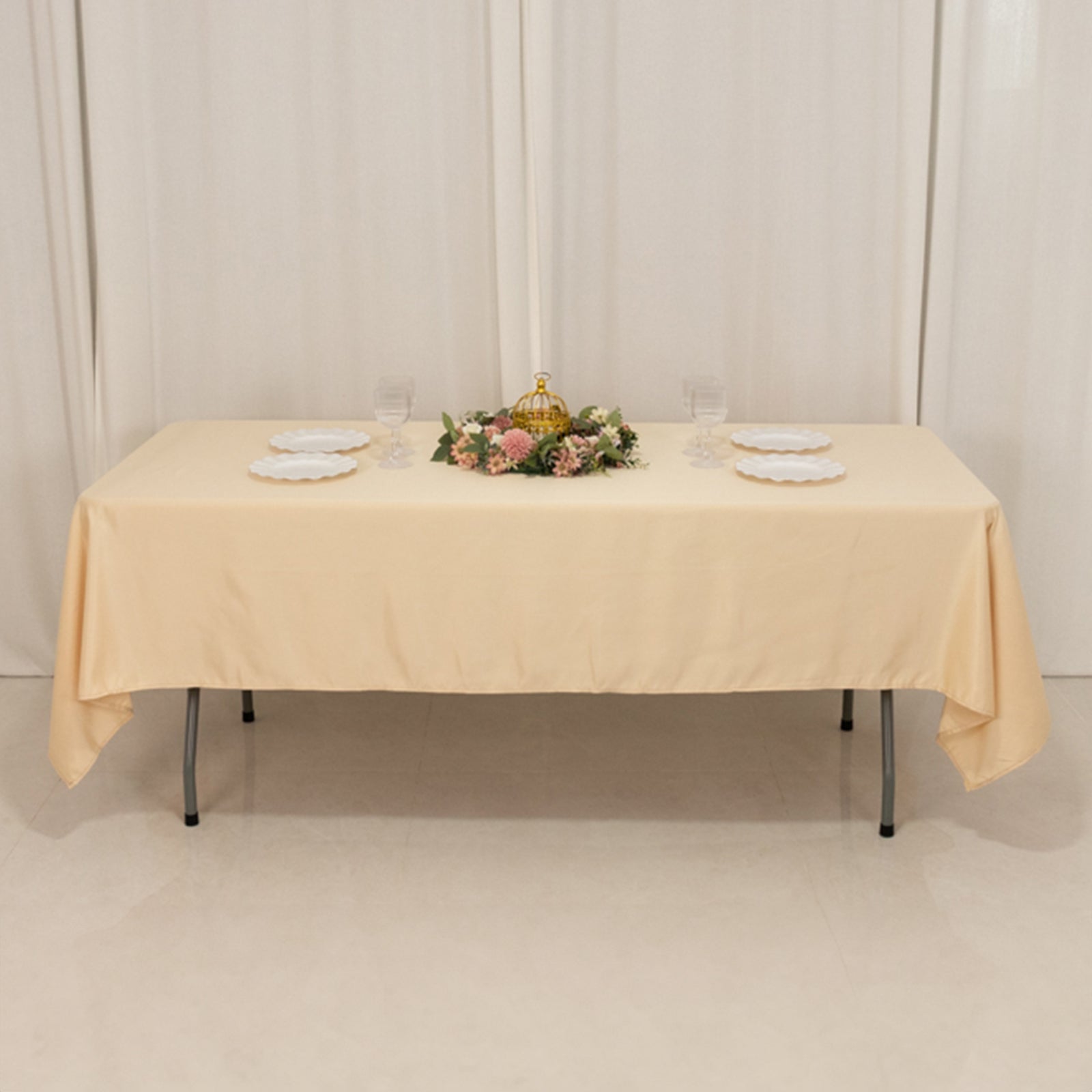 Beige Lamour Satin Rectangle Tablecloth - Durable & Silky Soft, Ideal for Events