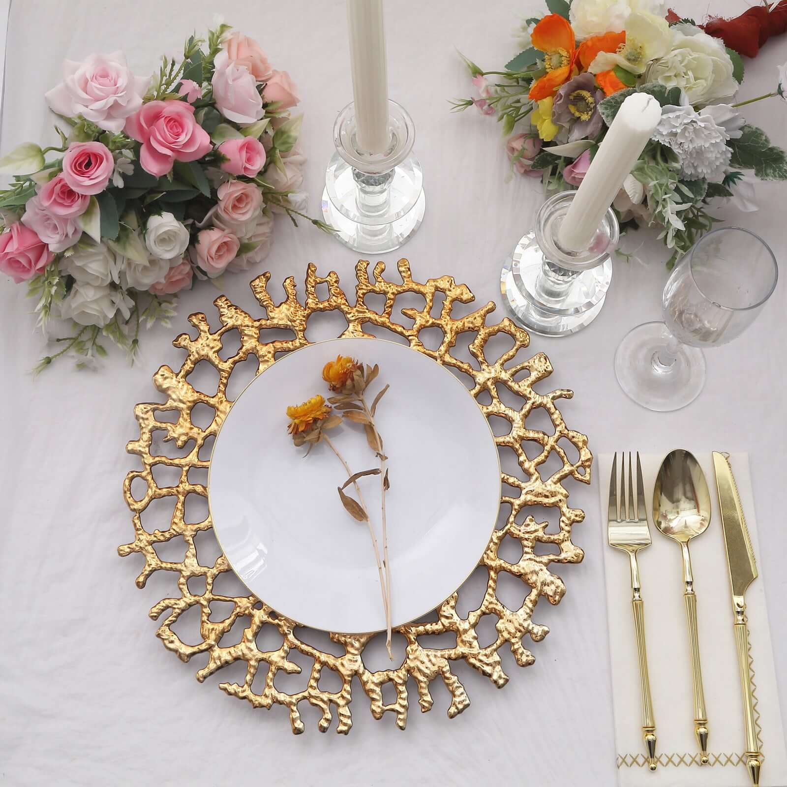 Hot Sale! 6-Pack 13-inch Gold Acrylic Round Charger Plates with Molten Branch Design for Dinner Parties