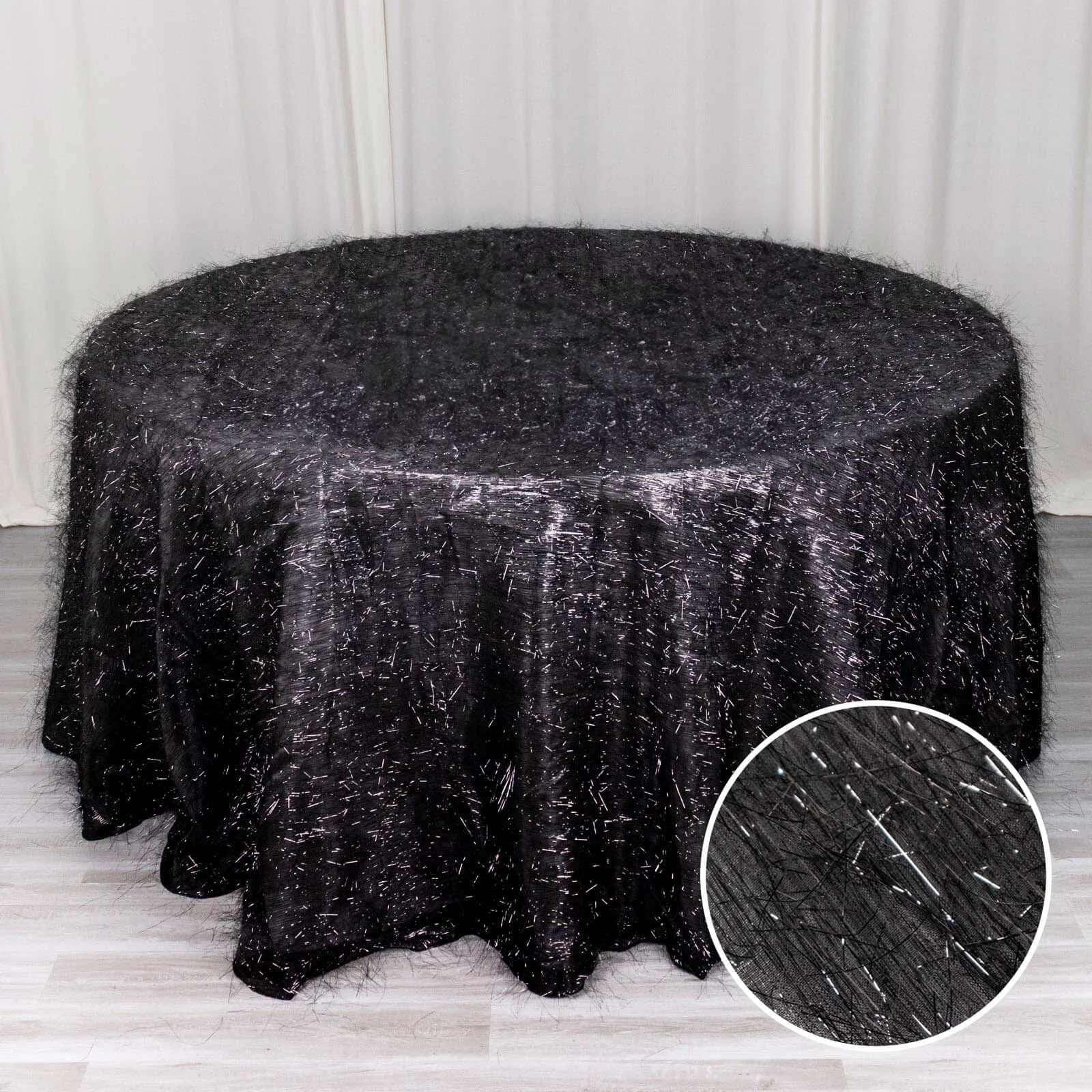 Exclusive Polyester 120-Inch Round Black Tablecloth with Metallic Fringe Shag Tinsel for Events