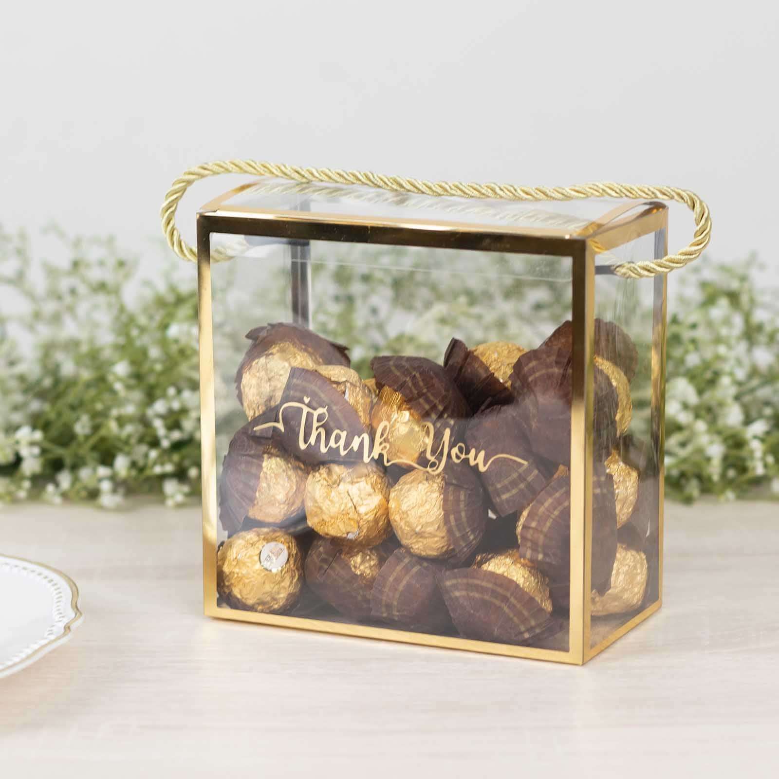 25-Pack Gold-Trimmed Clear PVC Portable Candy Favor Boxes with Rope Handles and 'Thank You' Print