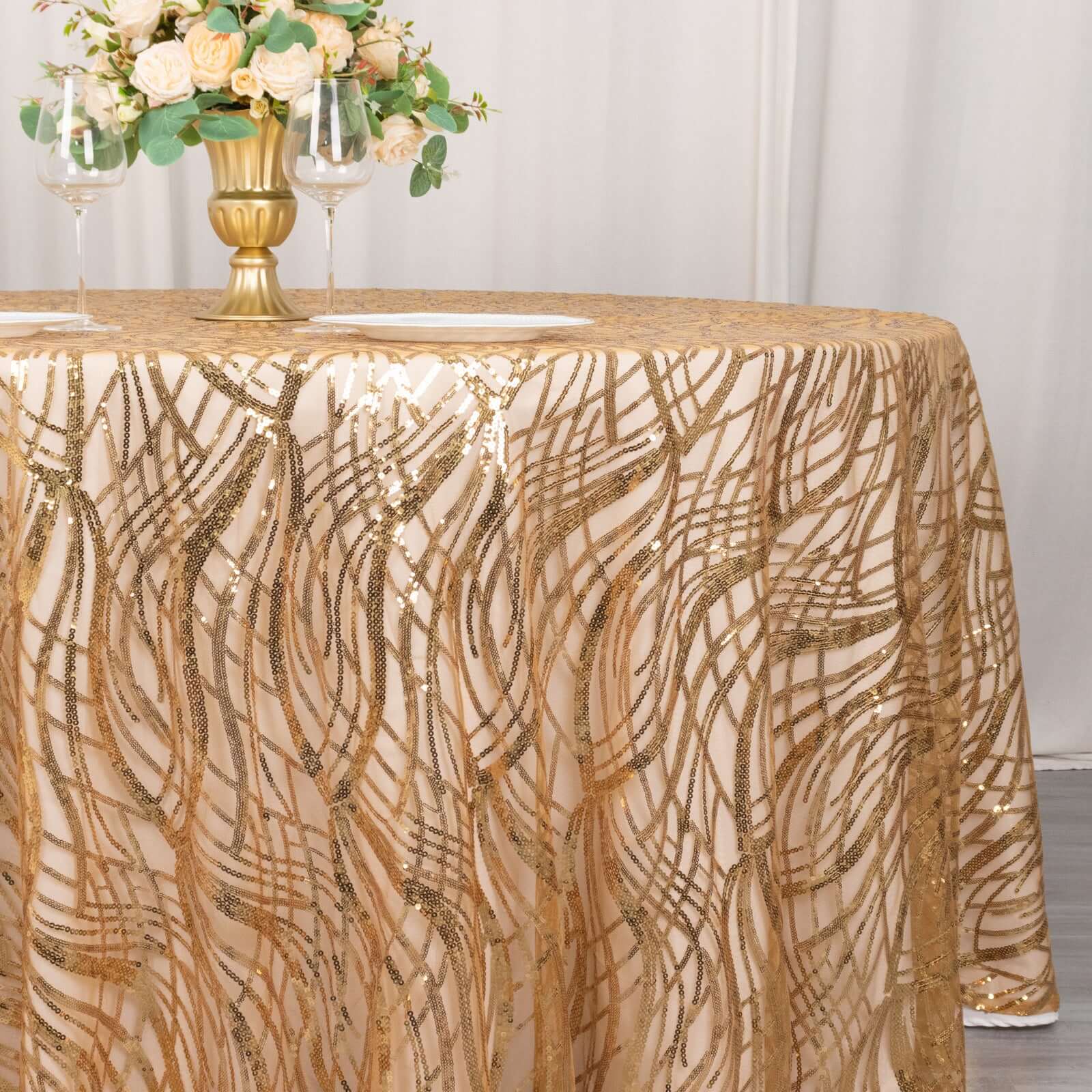 120' Gold Sequin Mesh Round Tablecloth with Seamless Wave Embroidered Design for Events