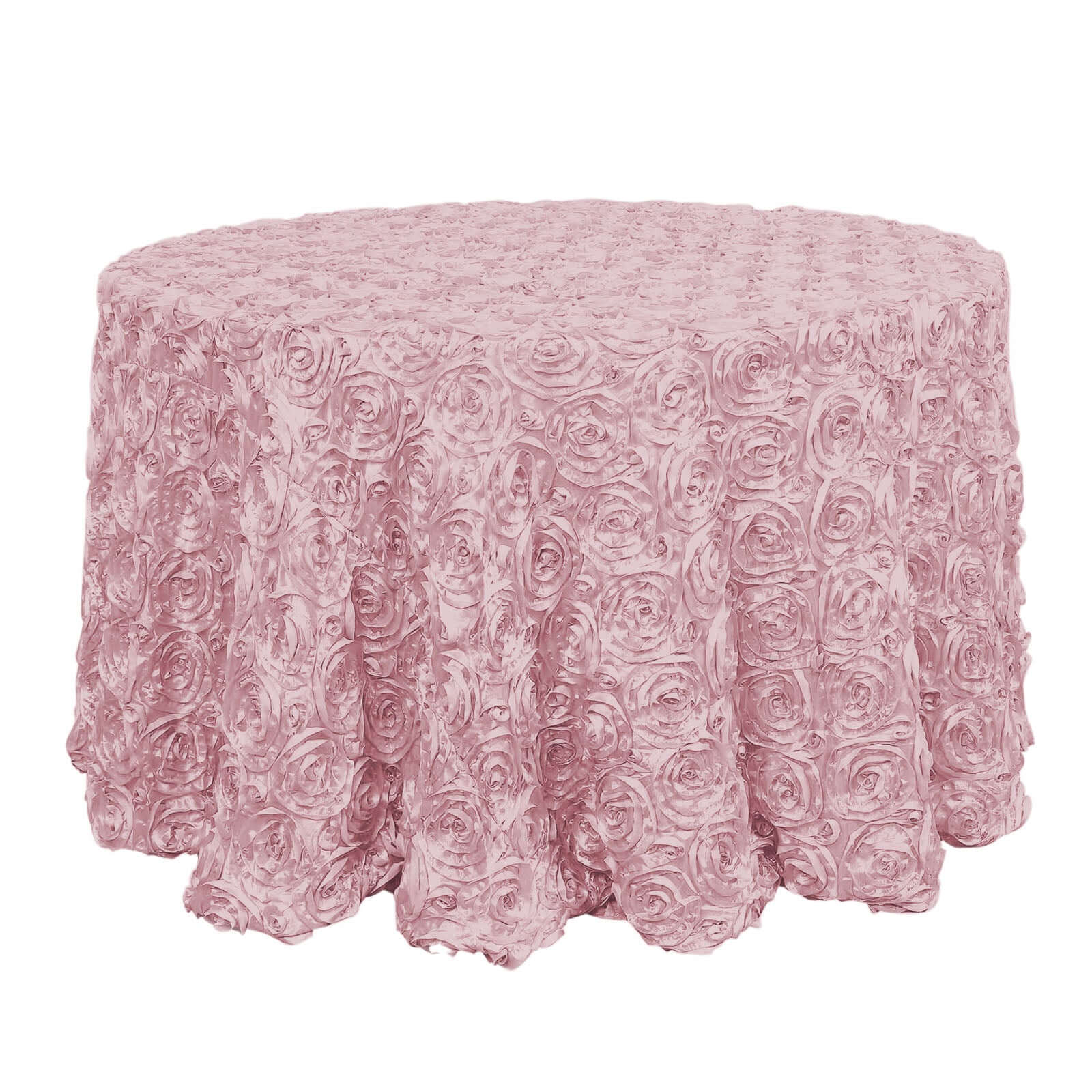Luxurious Blush Satin 120-Inch Round Tablecloth with 3D Rosette and Seamless Finish