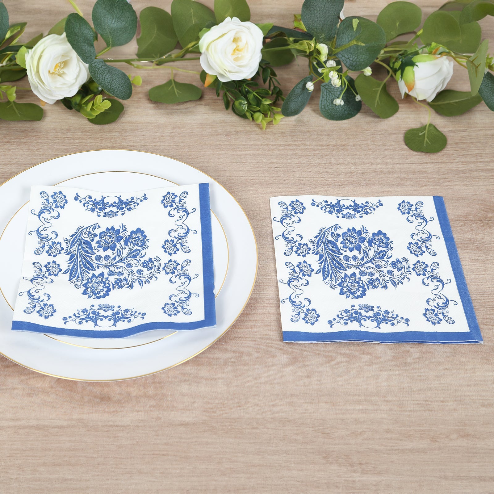 50-Pack Disposable 2-Ply Paper Cocktail Napkins in White & Royal Blue Damask - Soft & Highly Absorbent