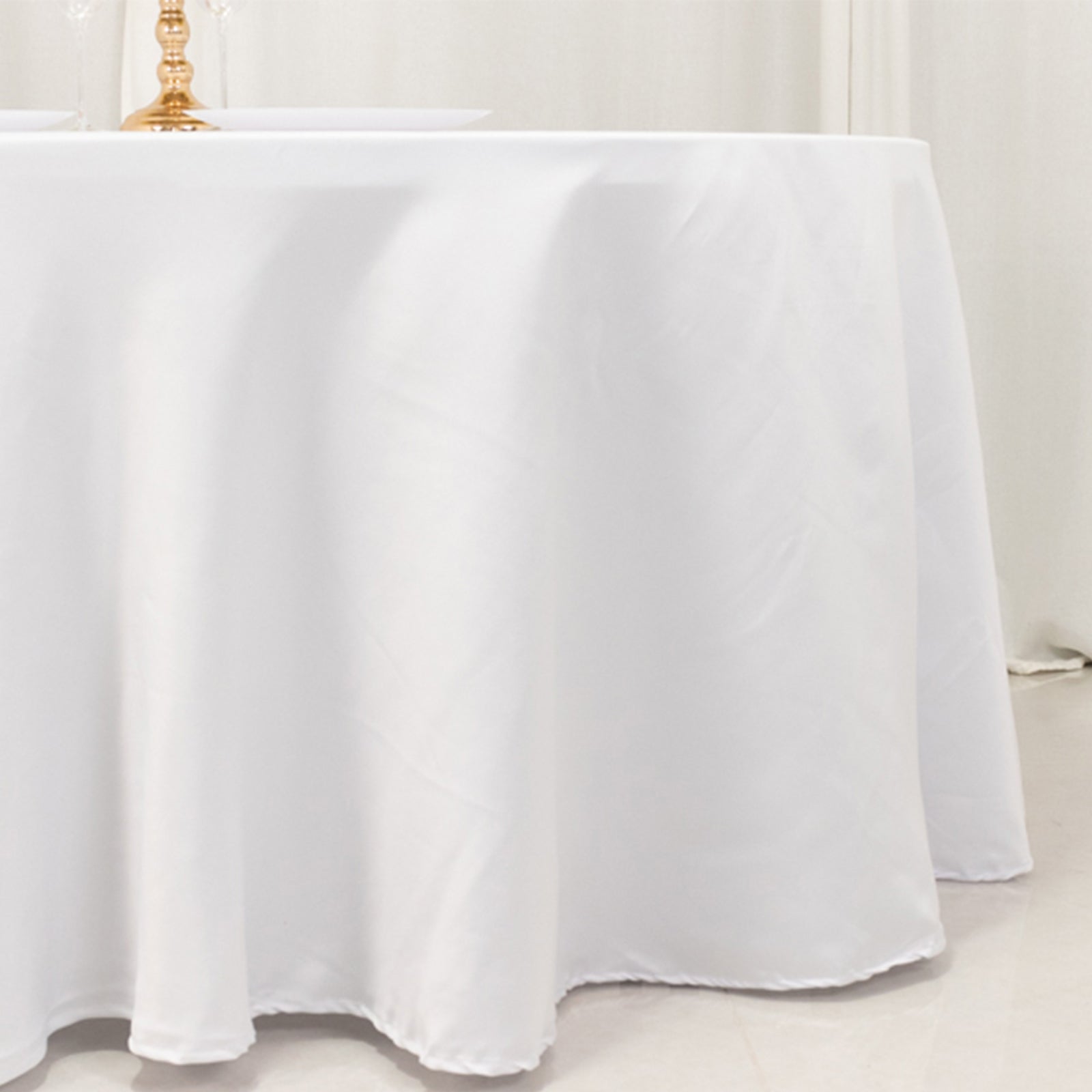 Exclusive White Lamour Satin 120" Round Tablecloth for Upscale Events