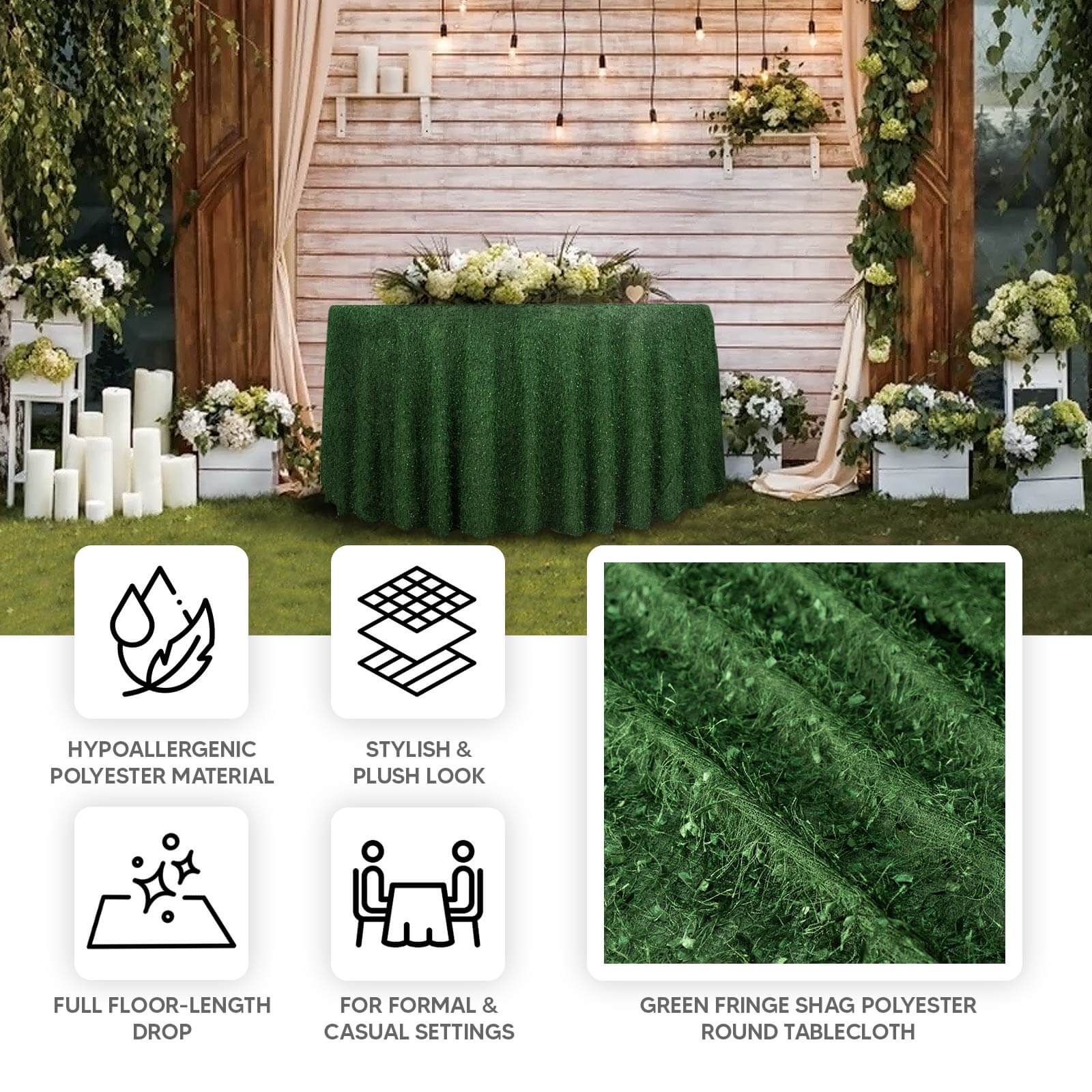 Premium Green Polyester 120 Round Tablecloth with Shaggy Fringe