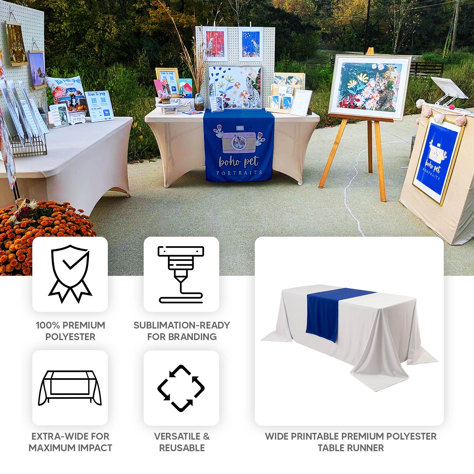 Extra Wide Royal Blue Premium Polyester Table Runner - Ideal for Sublimation Printing