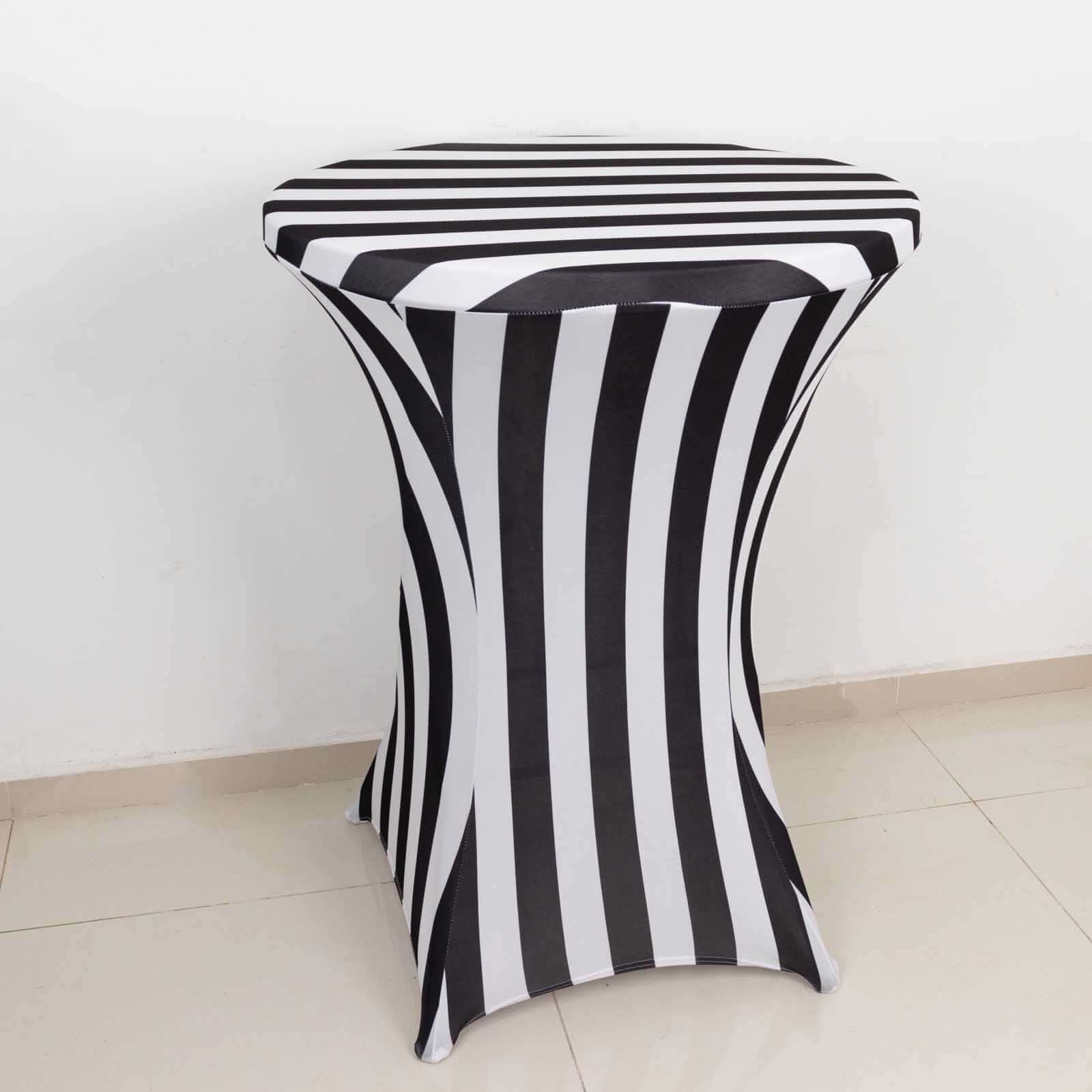Black/White Striped Spandex 32-Inch Fitted Stretch Cocktail Table Cover - Low-Maintenance