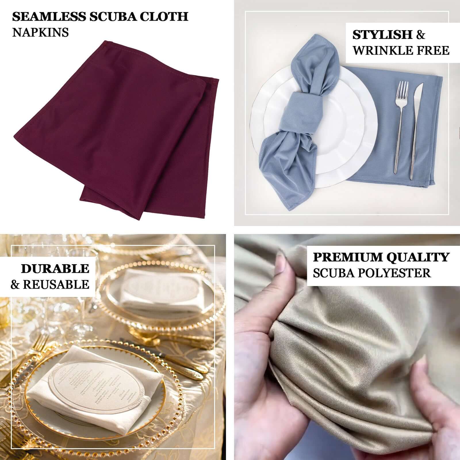 Hot Deal! 5-Piece Set of Premium 20x20 Burgundy Scuba Dinner Napkins - Durable & Reusable