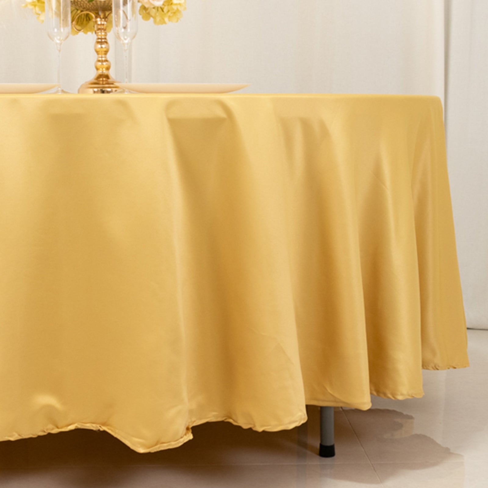 Durable Silk-Like Champagne Lamour Satin 108-Inch Round Tablecloth