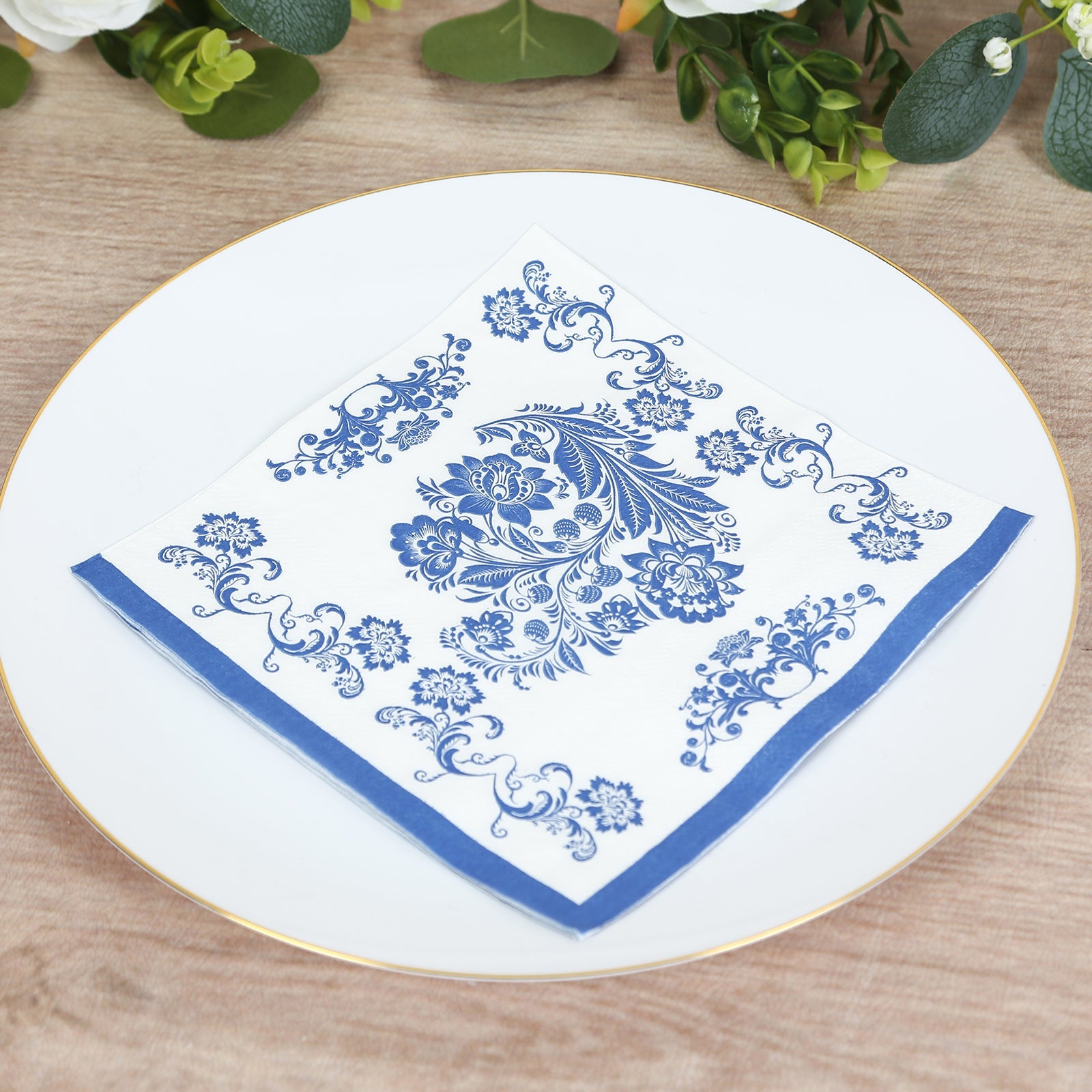 50-Pack Disposable 2-Ply Paper Cocktail Napkins in White & Royal Blue Damask - Soft & Highly Absorbent
