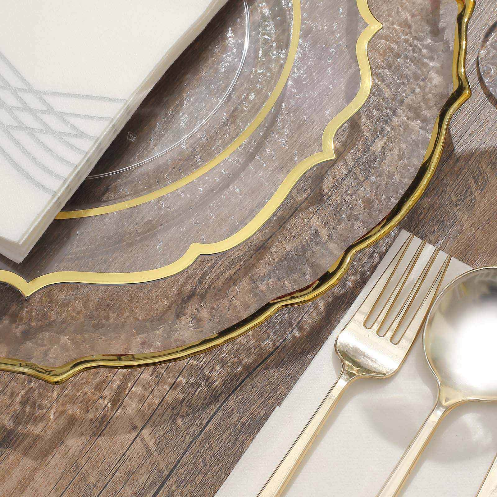 8-Piece Set of 13-Inch Clear Glass Charger Plates with Gold Sunflower Scalloped Edges