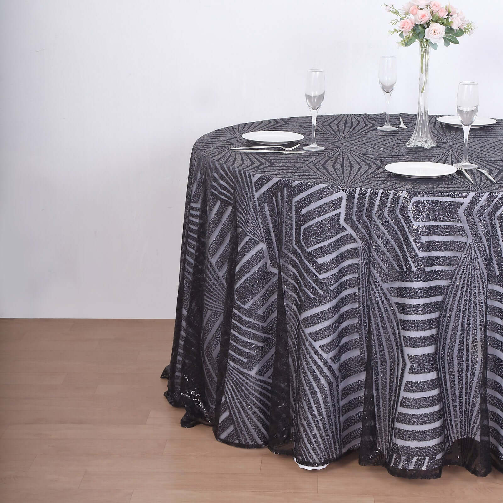 Black Seamless Diamond Glitz 120 Round Sequin Tablecloth - Perfect for Special Events