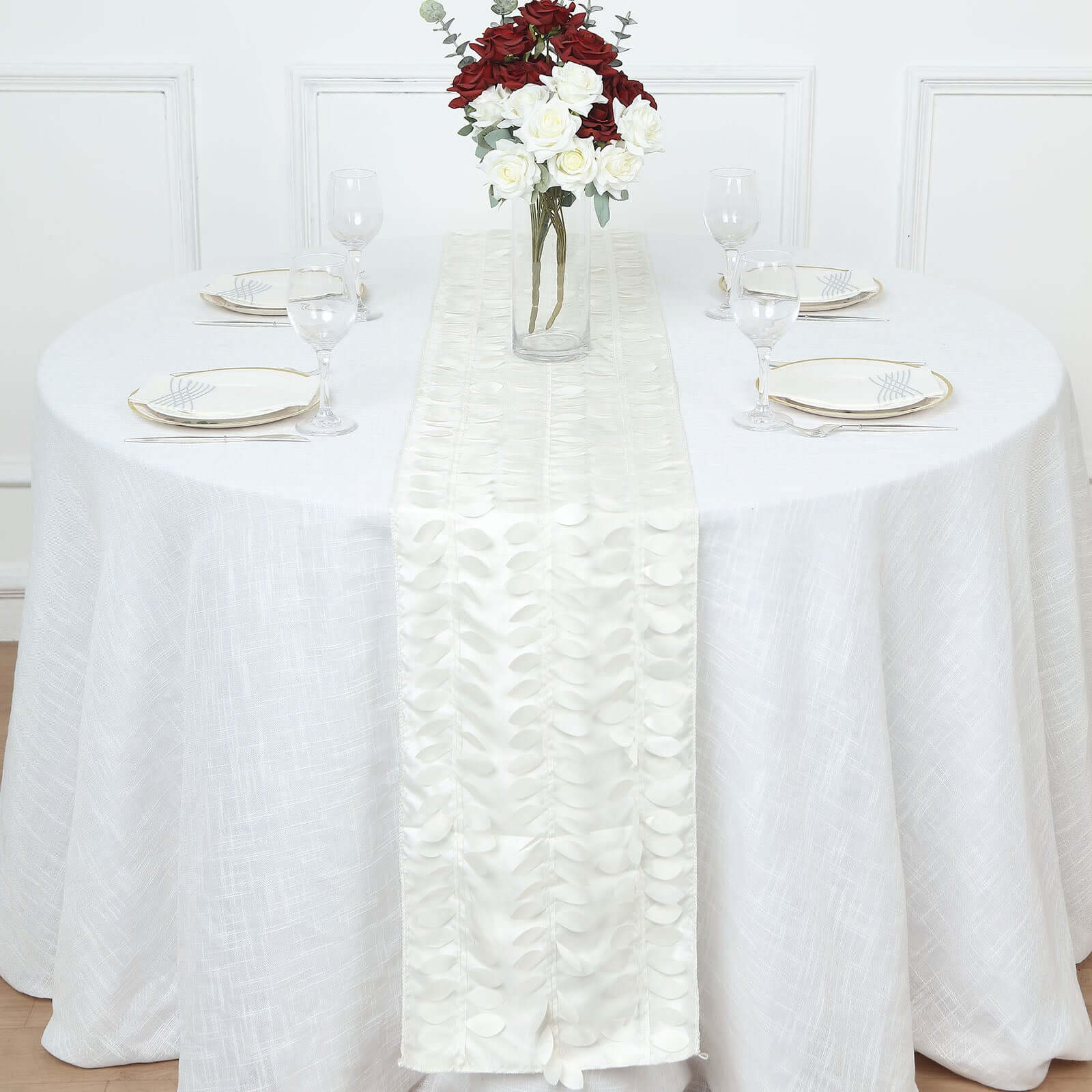 Hot! Ivory Taffeta Table Runner with 3D Leaf Petal Design, 12x108