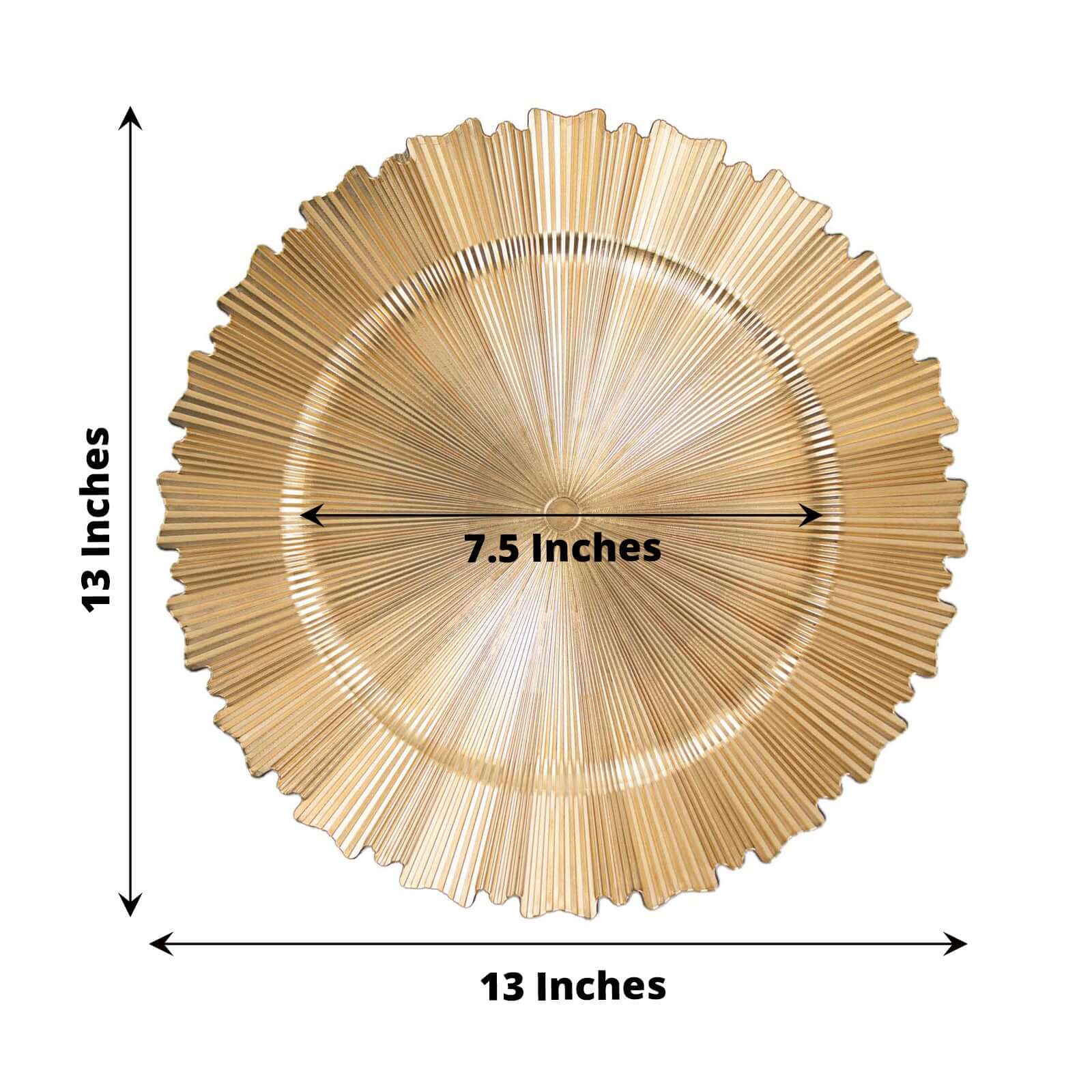 6-Piece Set of 13-Inch Metallic Gold Acrylic Plastic Charger Plates with Sunray Scalloped Edges