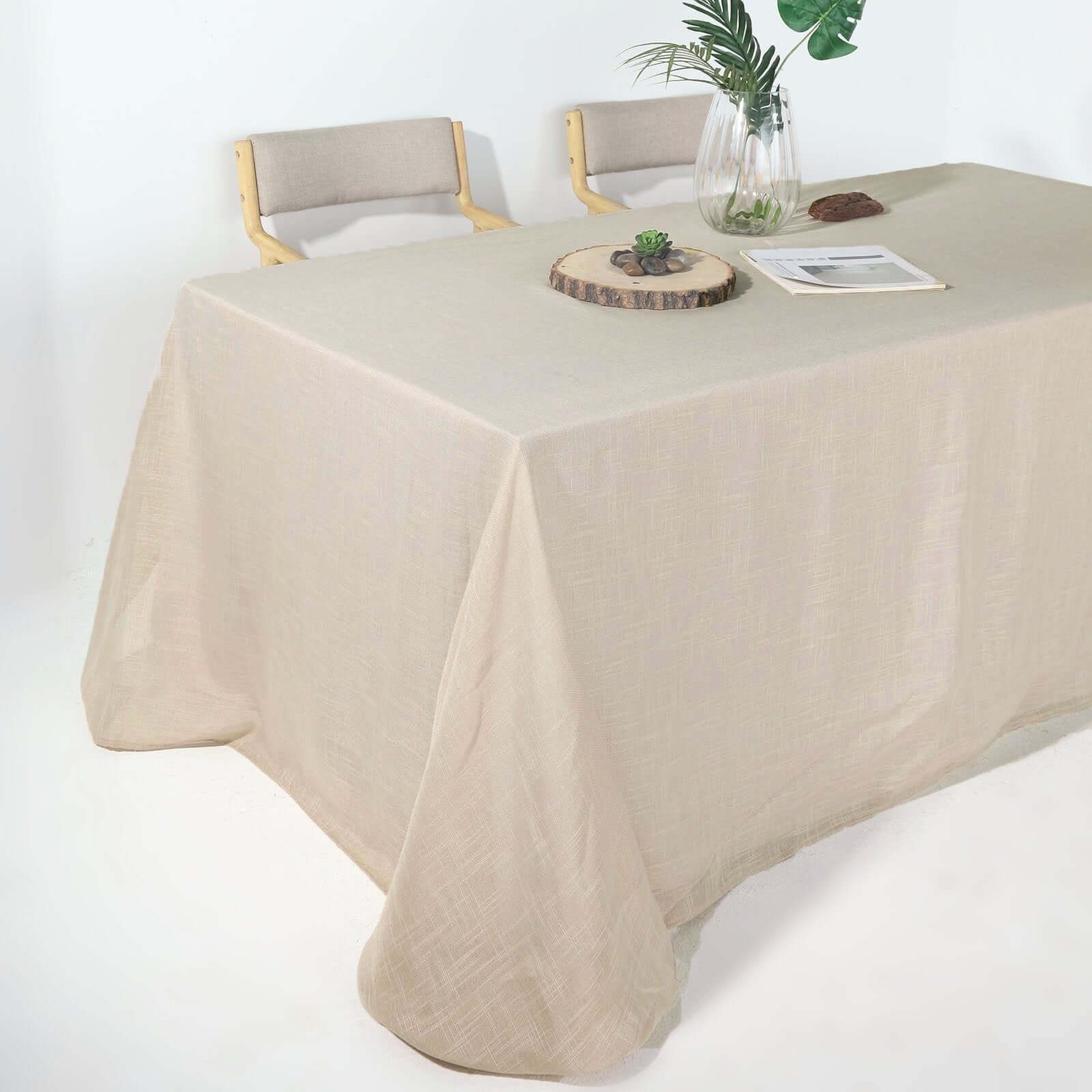 Beige Faux Linen Rectangular Tablecloth - Wrinkle-Resistant, Slubby Texture