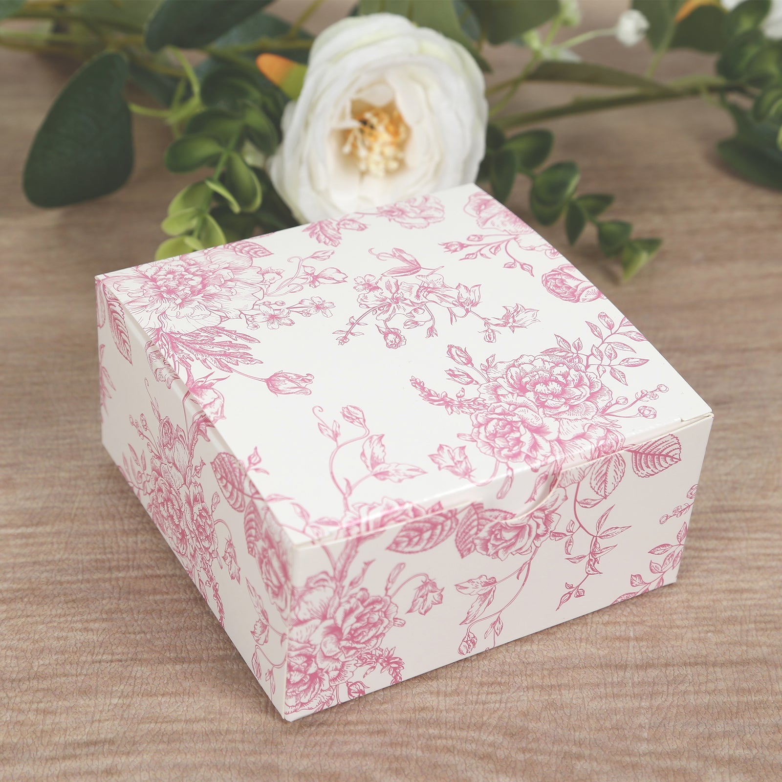 Get 25-Pack Matte Pink & White French Toile Pattern Cardstock Party Favor Candy Gift Boxes (4x4x2)