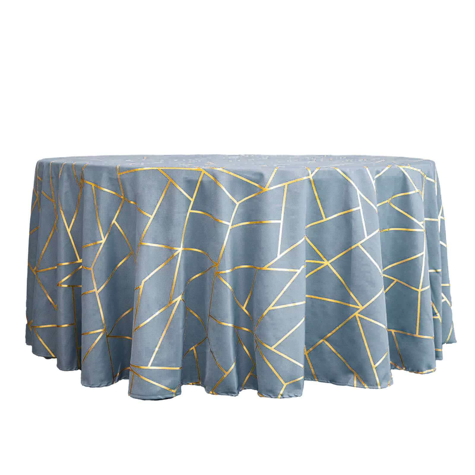 Hot Sale! Wrinkle-Resistant Seamless Polyester 120' Round Tablecloth in Dusty Blue with Gold Foil Geometric Design