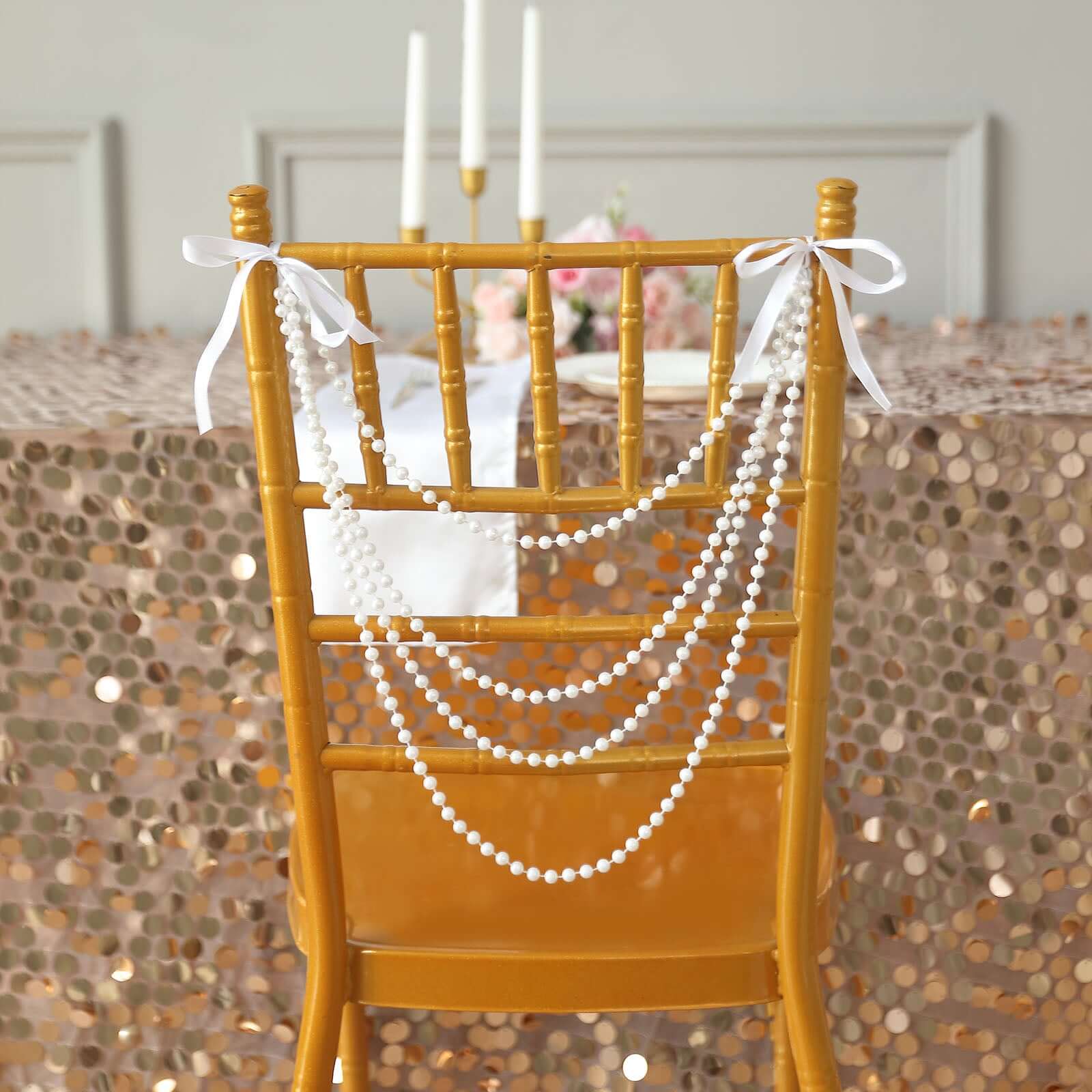Hot Sale! White Faux Pearl Beaded 16-Foot Chair Back Garland Sash for Chiavari Chairs, Gatsby-Style Wedding Decor
