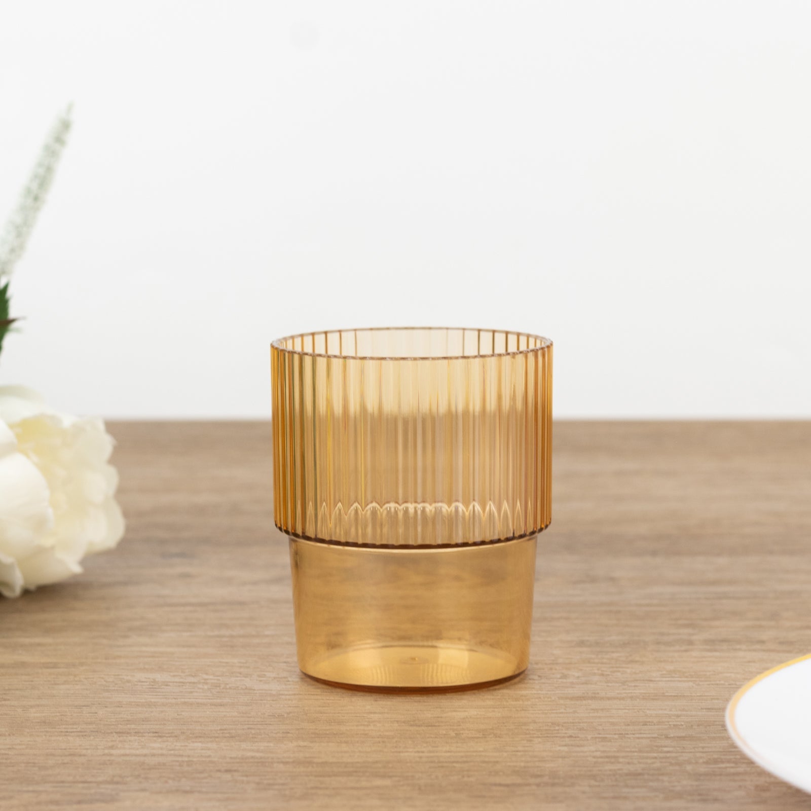 12-Piece Set of Reusable 7oz Stackable Amber Gold Plastic Drinking Glasses with Ribbed Pattern