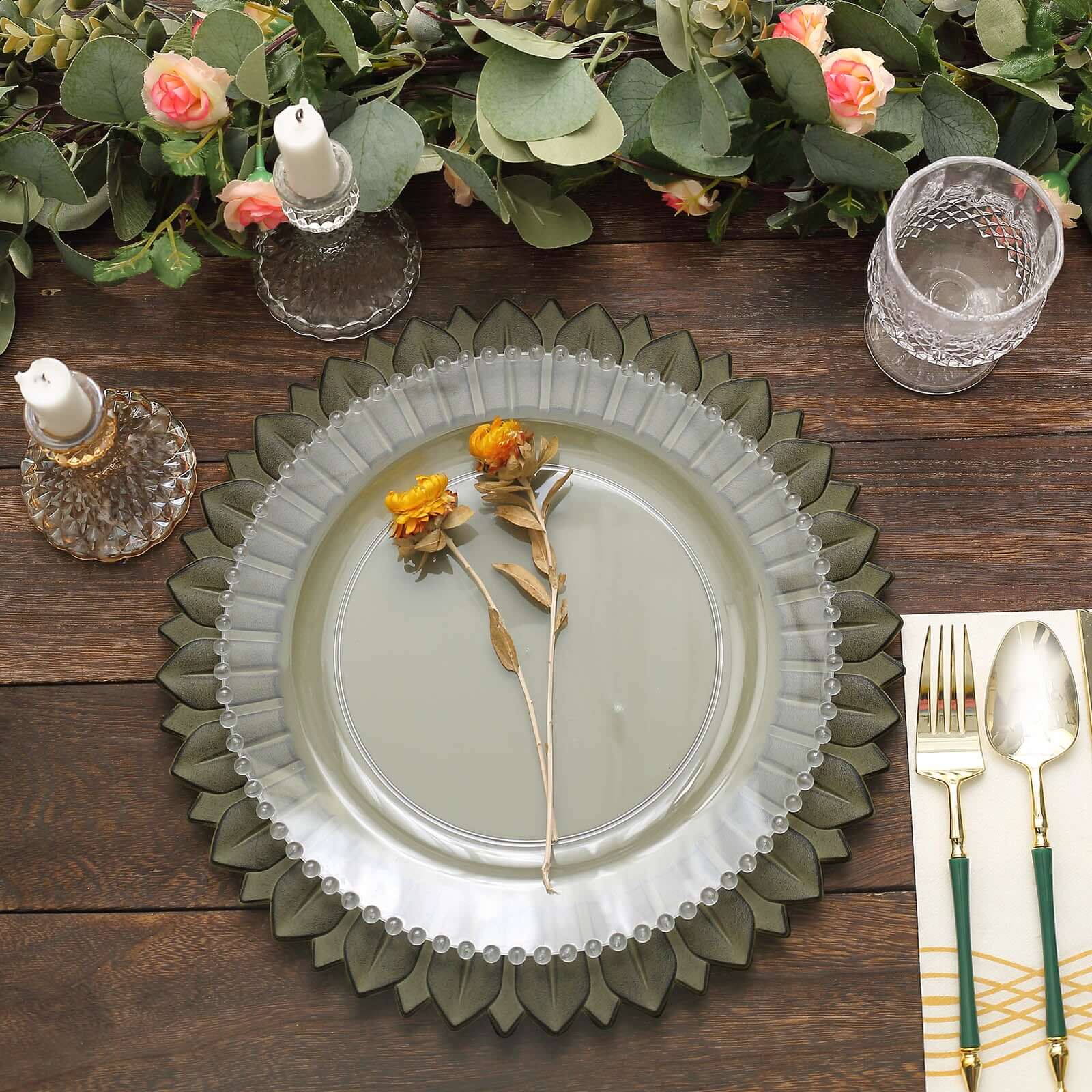 6-Piece Set of 13-Inch Matte Olive Green Plastic Round Charger Plates with Sunflower Rim