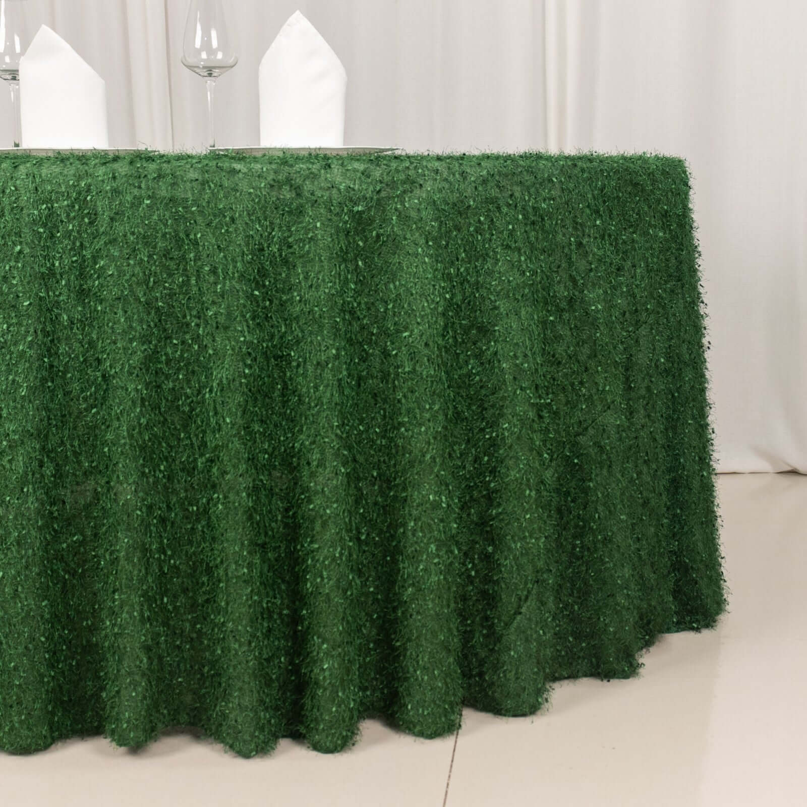 Premium Green Polyester 120 Round Tablecloth with Shaggy Fringe