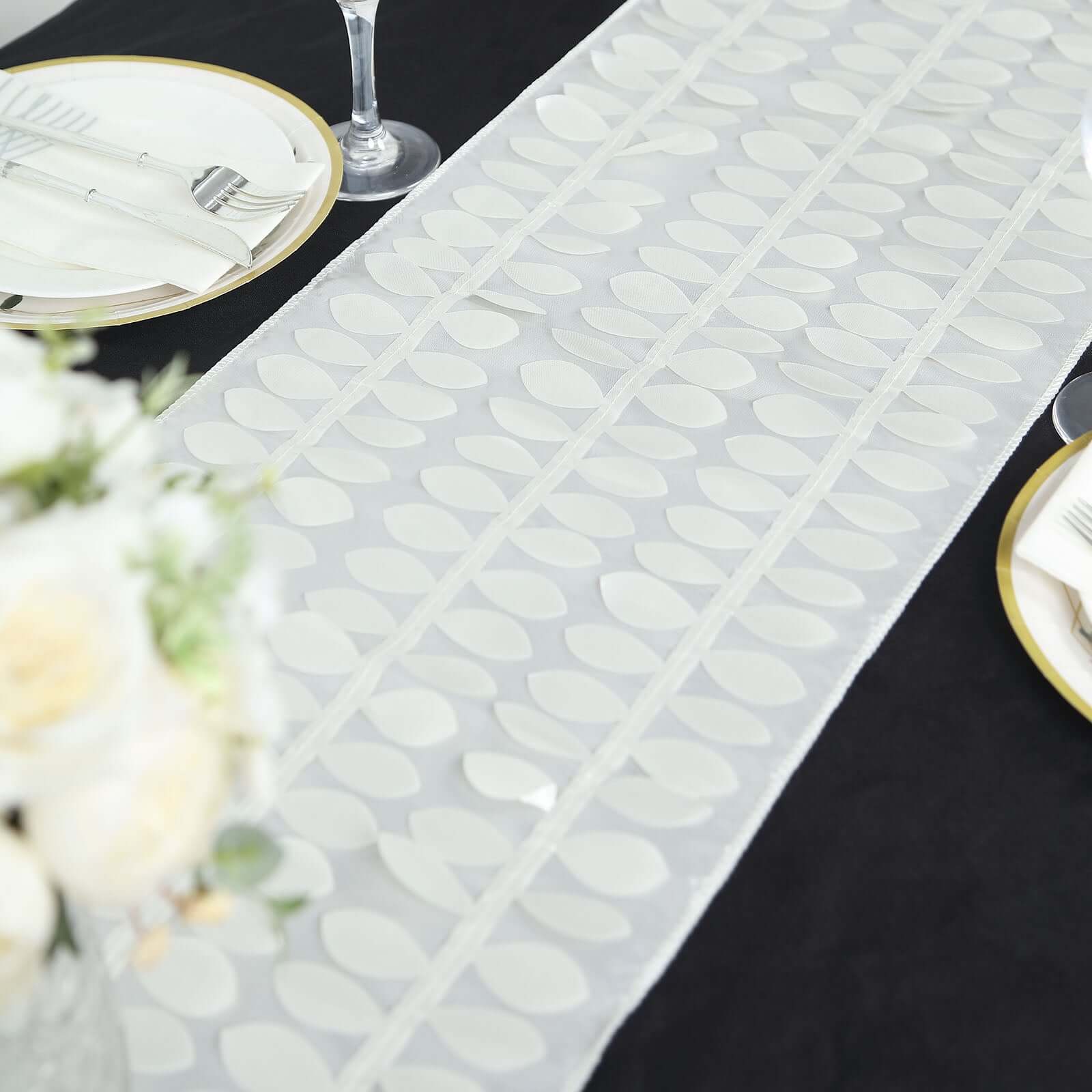 Hot! Ivory Taffeta Table Runner with 3D Leaf Petal Design, 12x108