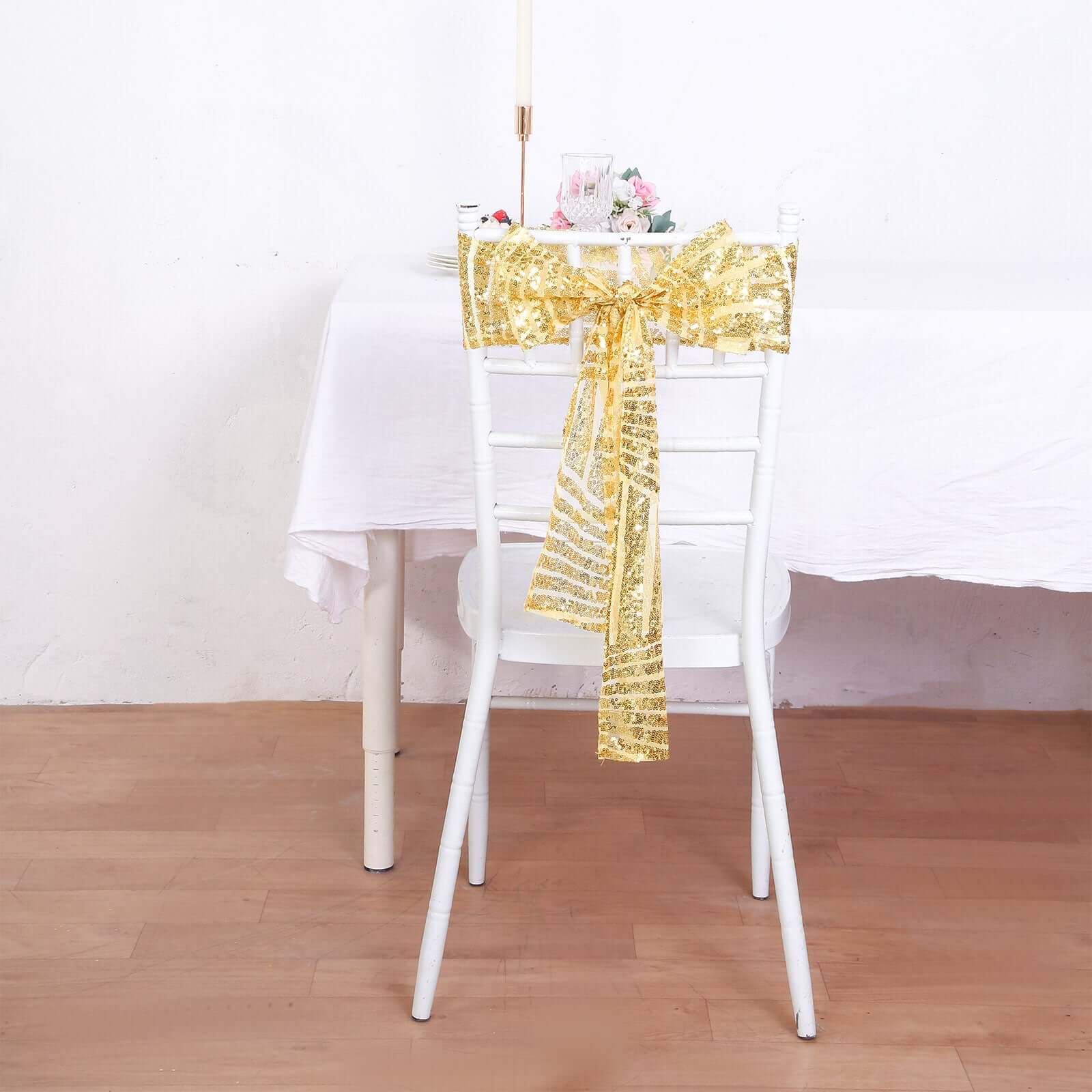 Hot Deal! 5-Pack Gold Glitter Sequin Chair Sashes with Geometric Diamond Design for Weddings
