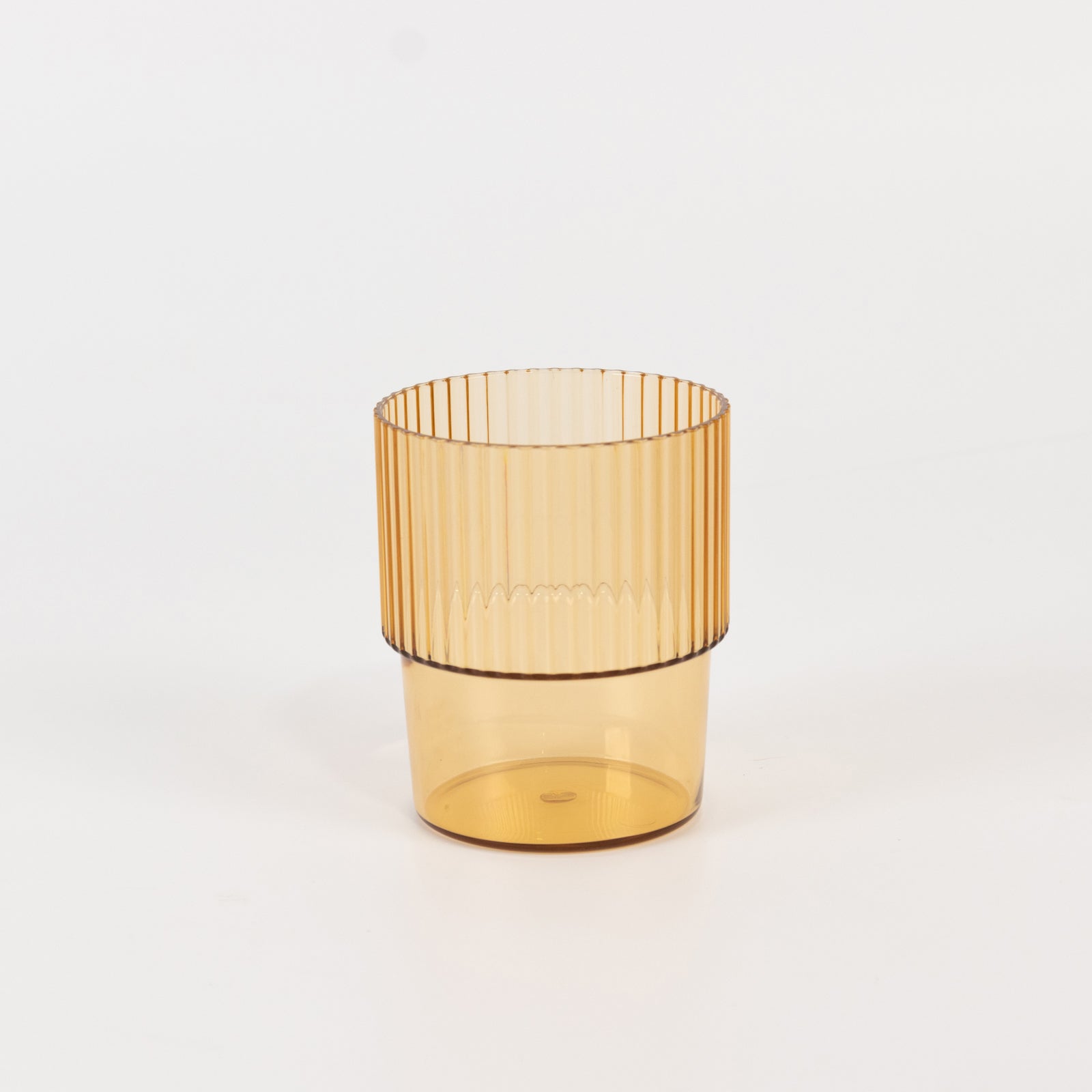 12-Piece Set of Reusable 7oz Stackable Amber Gold Plastic Drinking Glasses with Ribbed Pattern