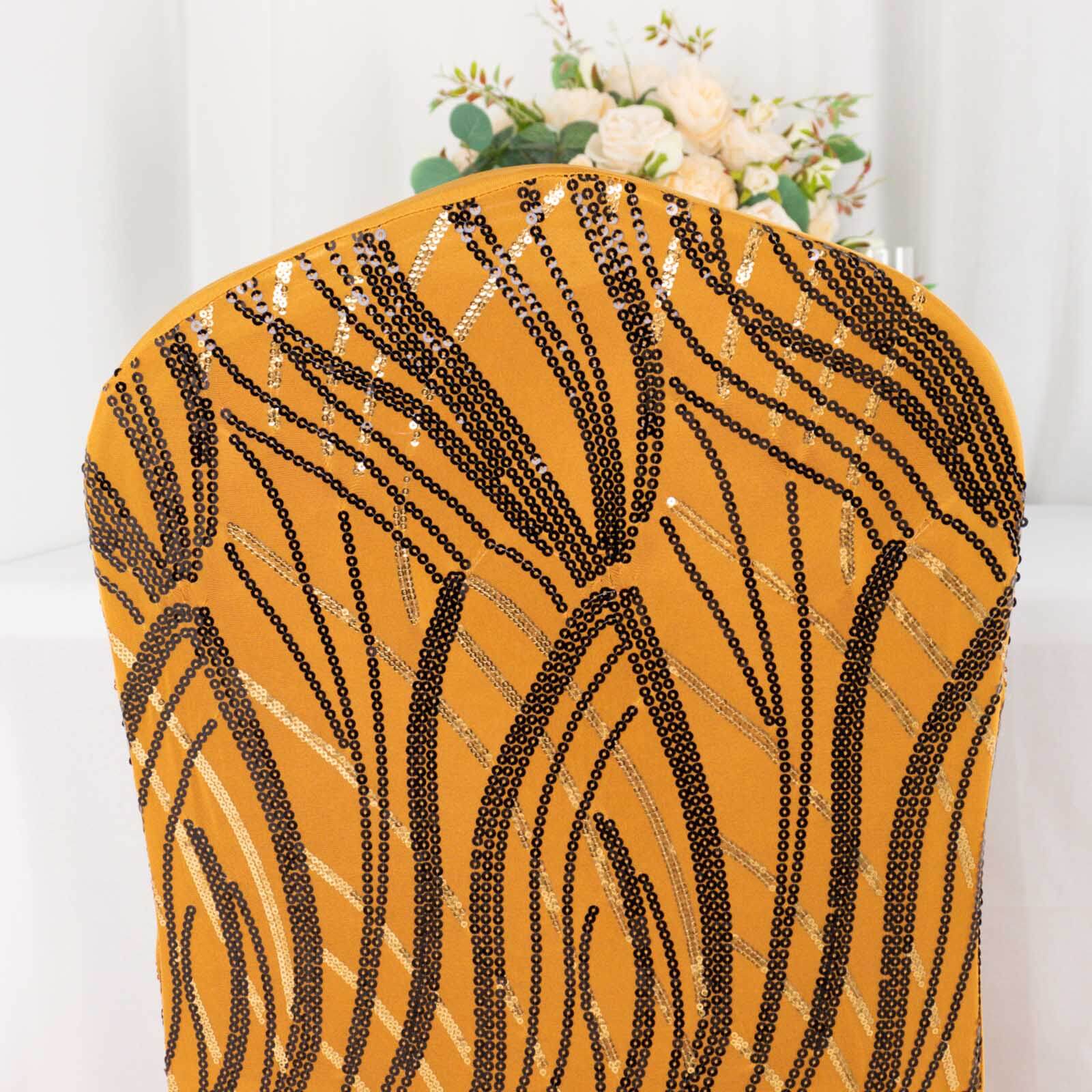 Hot! Gold/Black Glittering Spandex Chair Cover with Wave Embroidered Sequins for Banquets