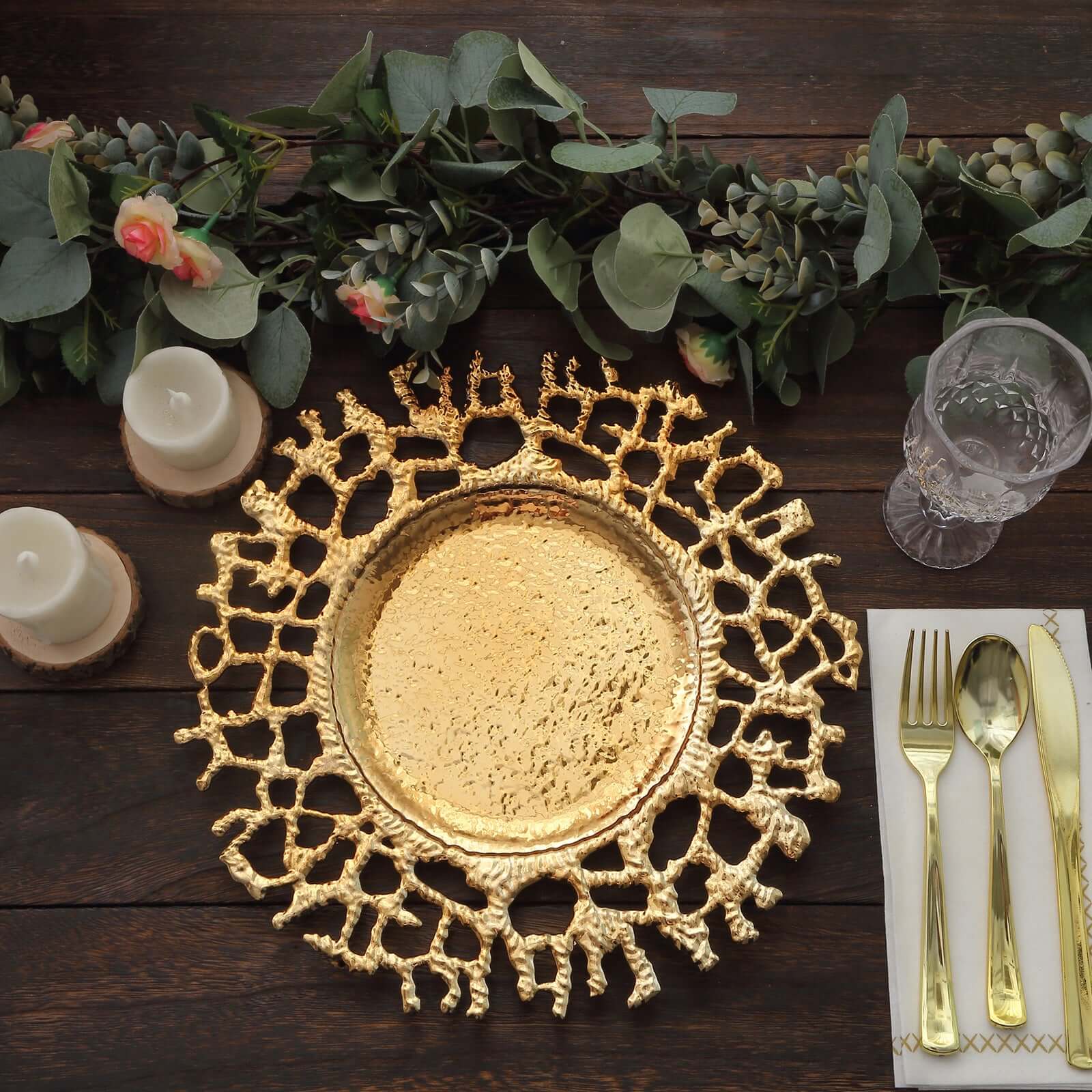 Hot Sale! 6-Pack 13-inch Gold Acrylic Round Charger Plates with Molten Branch Design for Dinner Parties