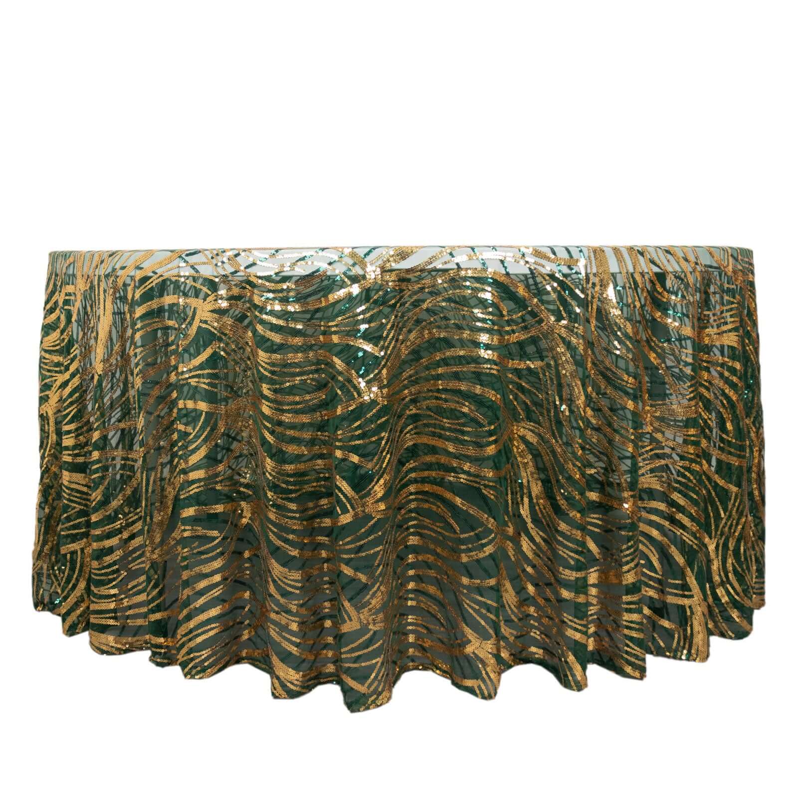 120-Inch Round Seamless Sparkly Wave Sequin Mesh Tablecloth in Hunter Emerald Green & Gold