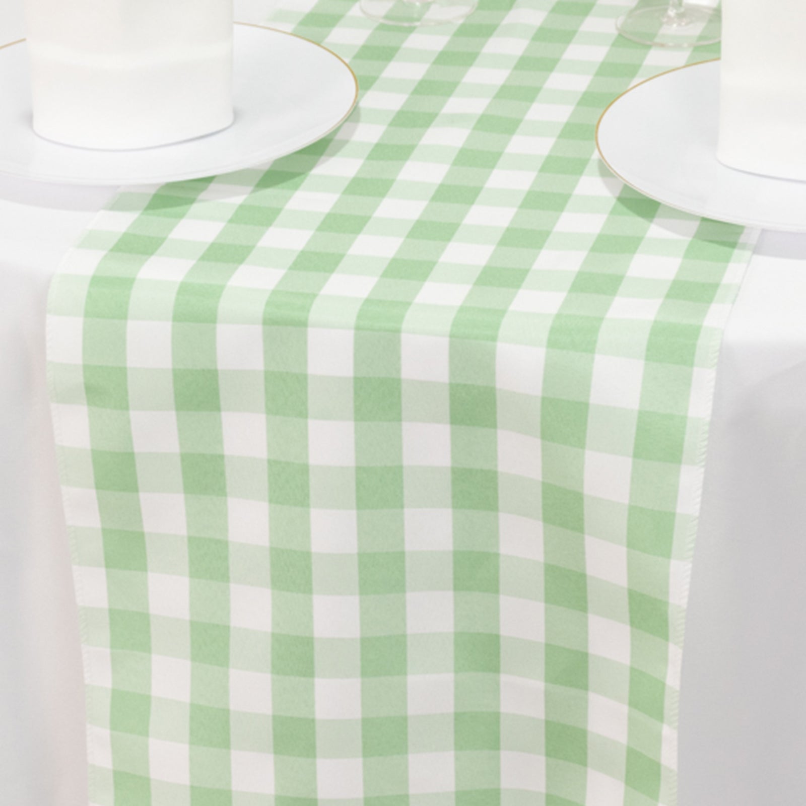 Hot Sale! 14x108 Polyester Table Runner in Sage Green and White Gingham Plaid Design