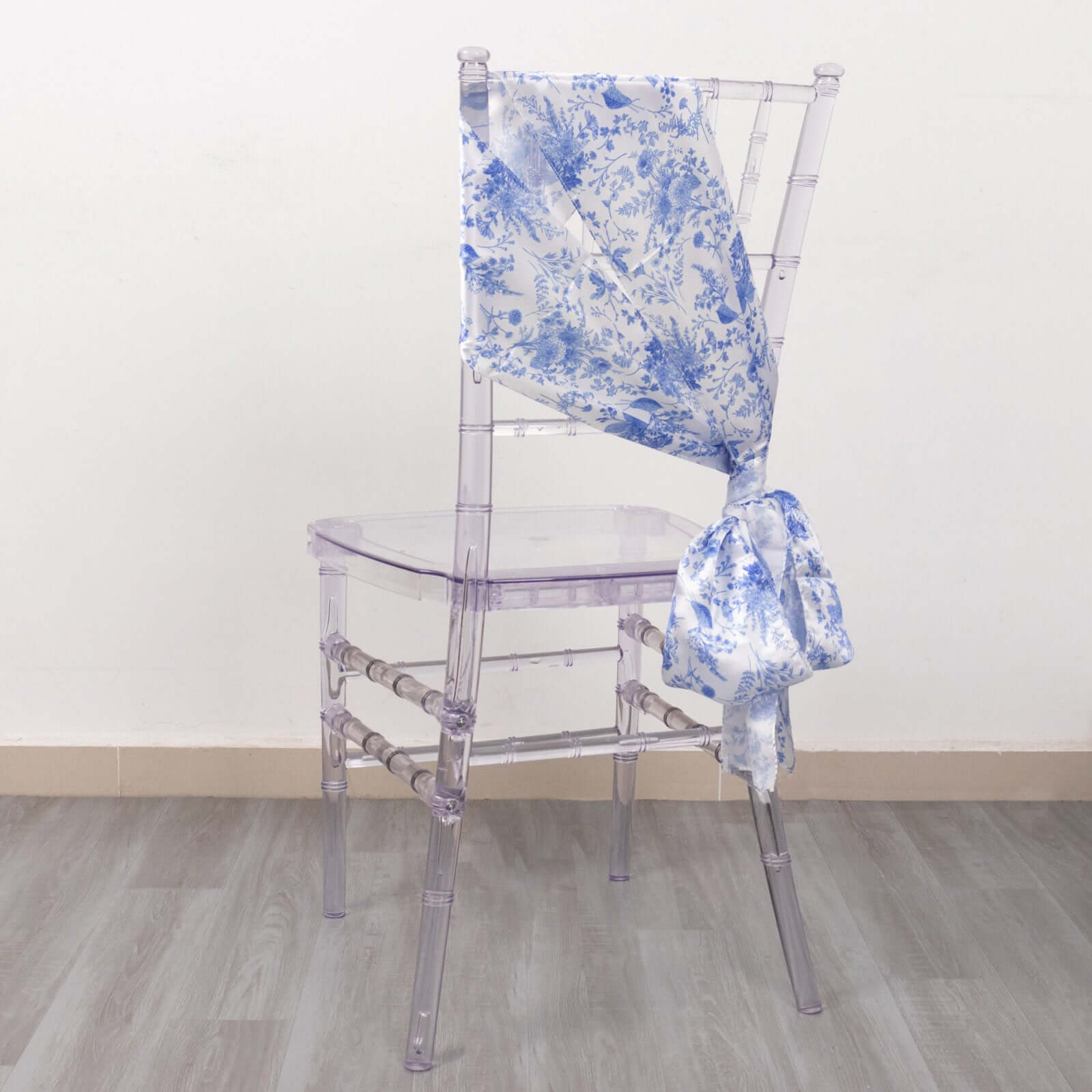 Special Offer! 5-Piece Set of Wrinkle-Resistant, Reusable Satin Chair Sashes in White/Blue French Toile Floral Design