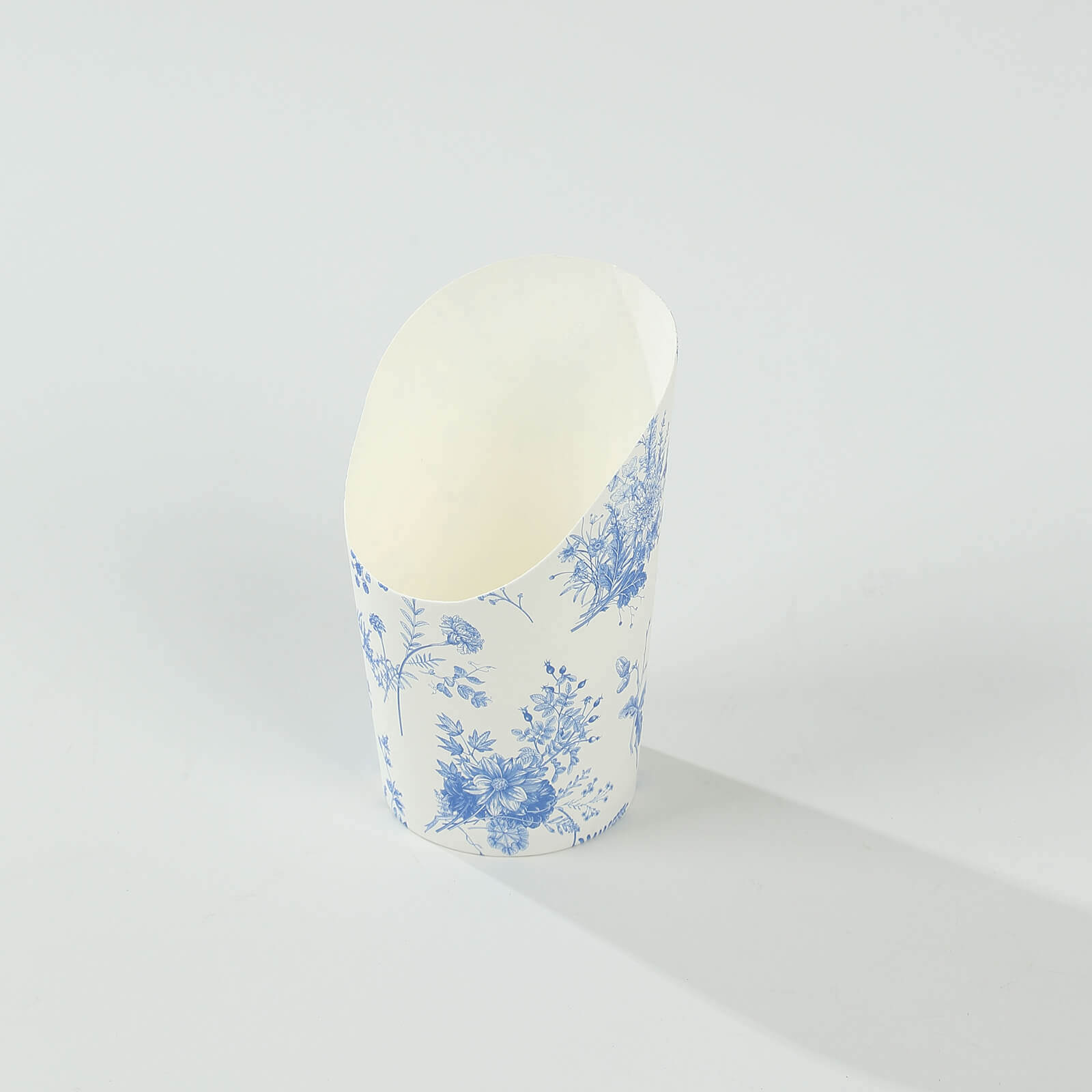 Get 50-Pack 14oz Paper Popcorn Box Cone Cups with French Toile Floral in White & Blue for Snacks