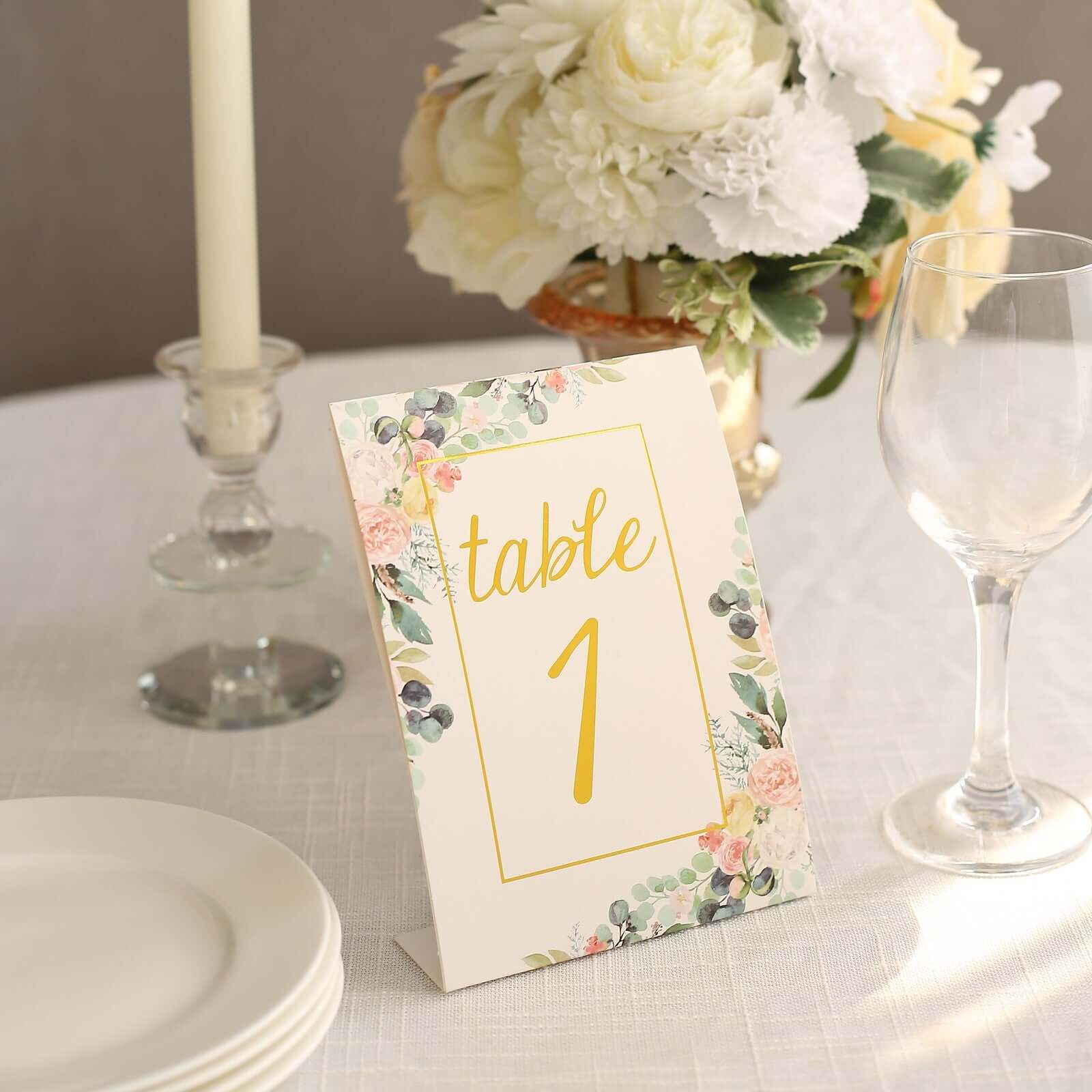 Get 25-Pack Free-Standing Double-Sided Wedding Table Numbers 1-25 with White Peony & Gold Foil Design