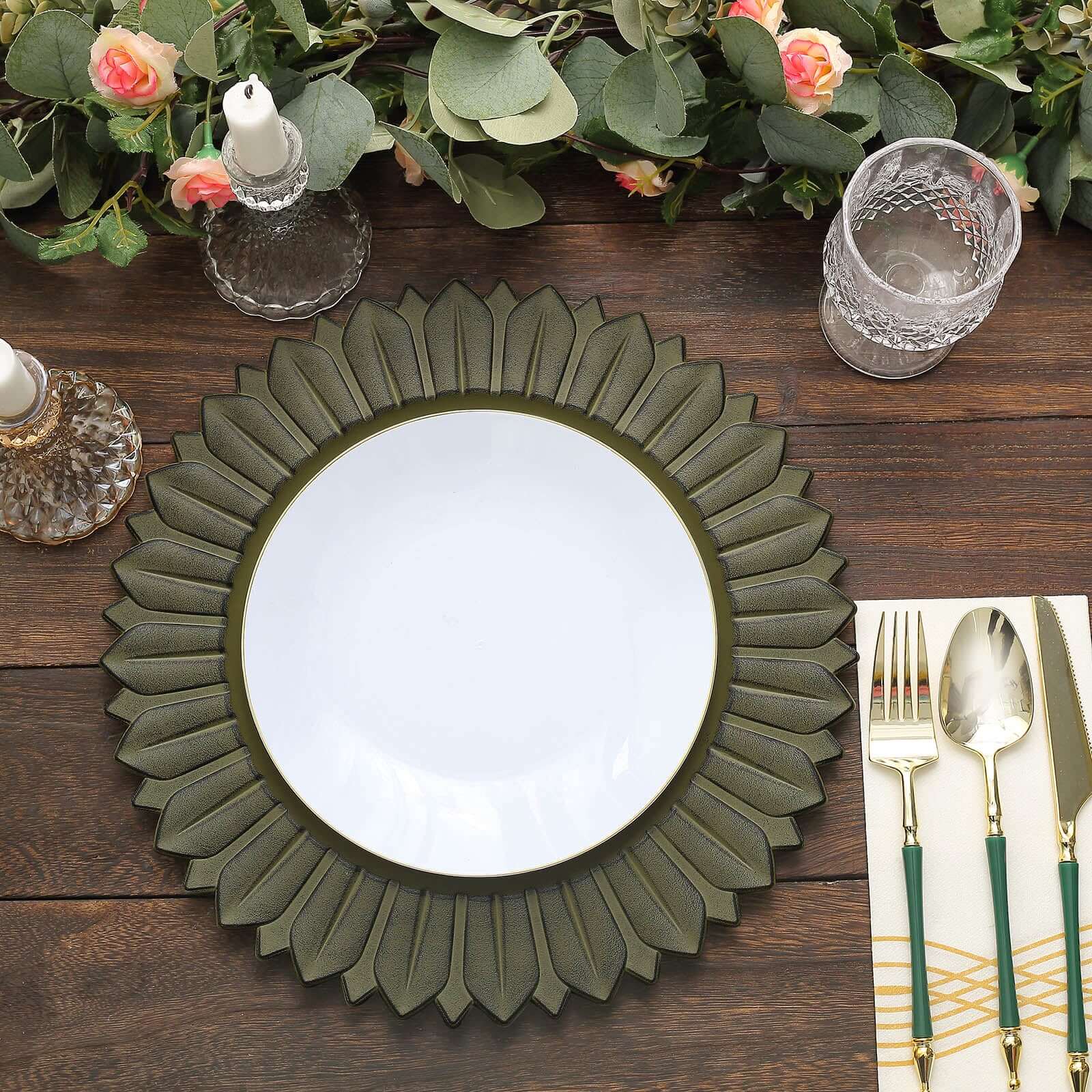 6-Piece Set of 13-Inch Matte Olive Green Plastic Round Charger Plates with Sunflower Rim