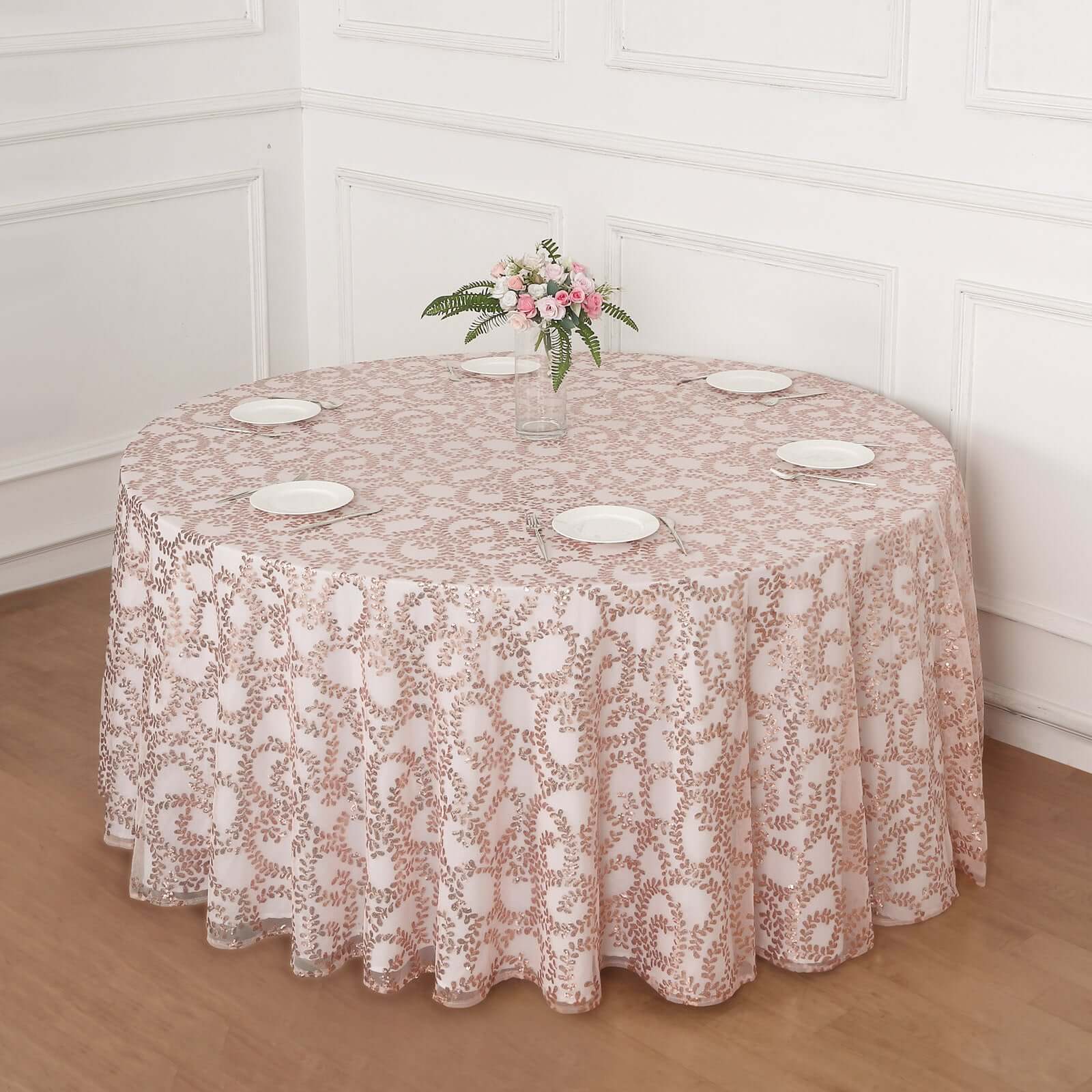 Hot Sale! 120' Round Seamless Rose Gold Tulle Tablecloth with Embroidered Sequin Leaf Design
